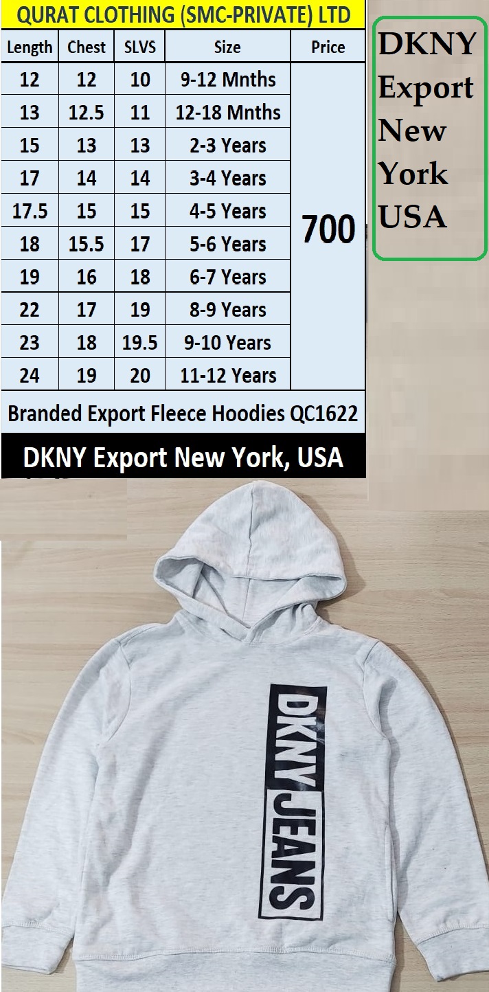 DKNY Brand Fleece Hoodie QC1622 Export New York, USA