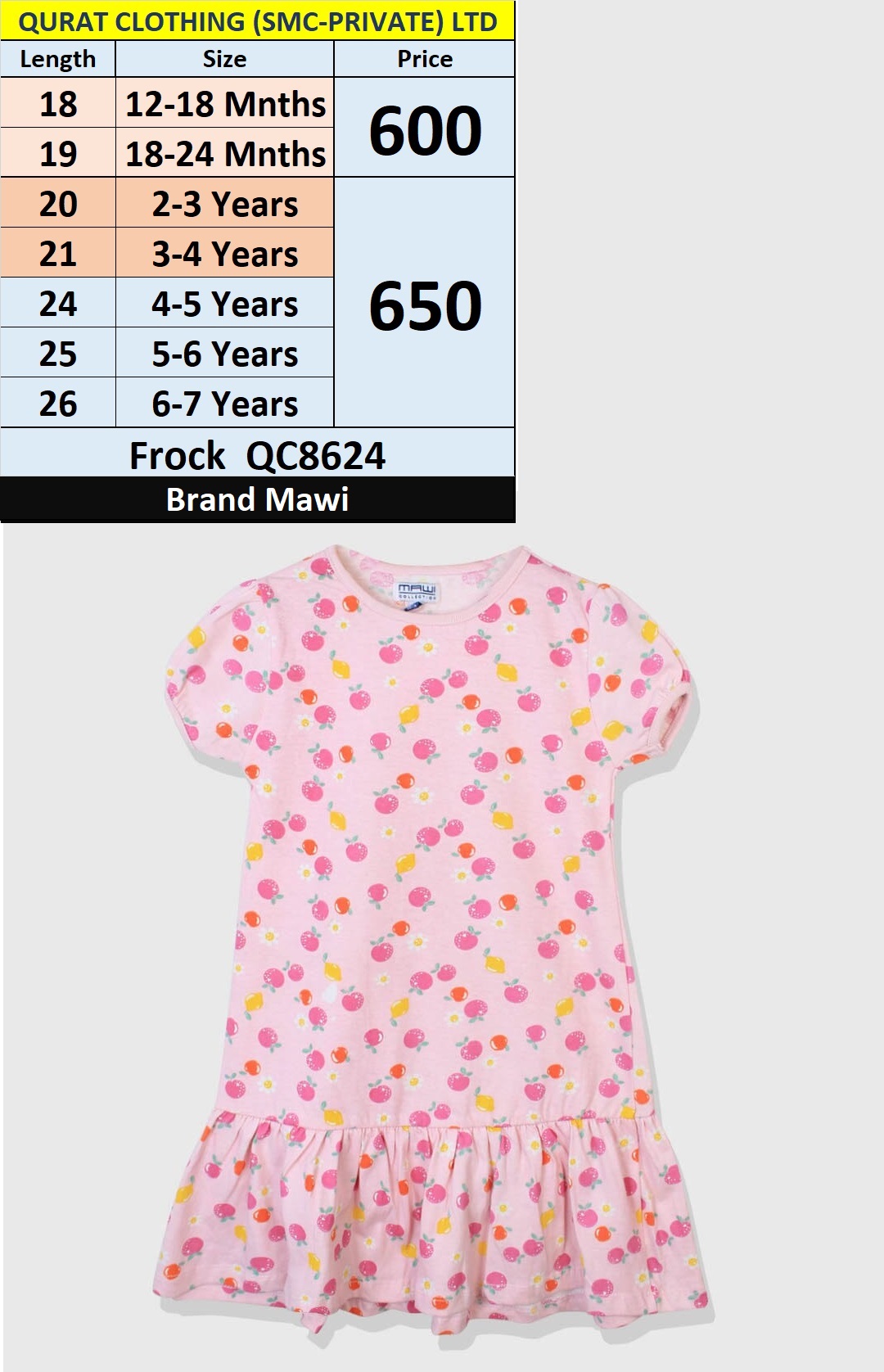 Branded Fruit & Flower Print Pink Frock QC8624 Brand Mawi  (PD)