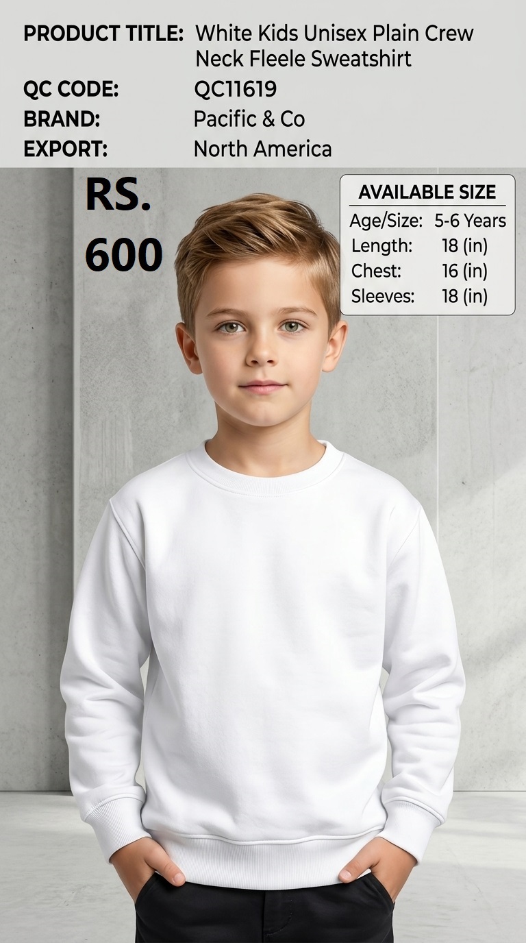 Pacific & Co White Kids Unisex Plain Crew Neck Fleece Sweatshirt – Export North America – QC11619