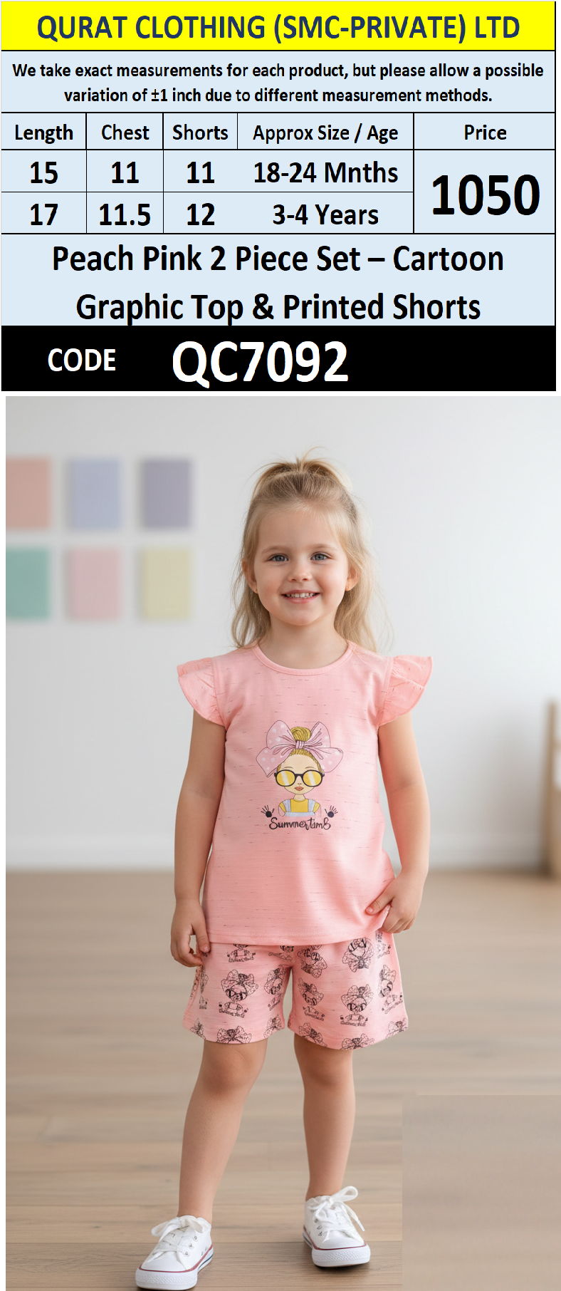Peach Pink 2 Piece Set – Cartoon Graphic Top & Printed Shorts – QC7092
