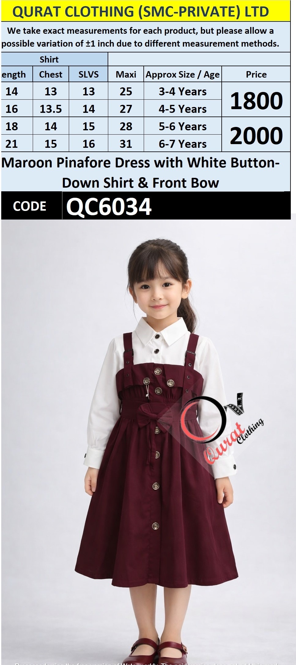 Maroon Pinafore Dress Two Piece Set with White Button-Down Shirt & Front Bow Detail – QC6034 - QC6034
