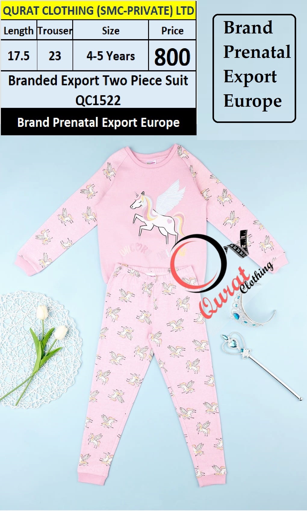 Prenatal Brand Pink Unicorn Single Fleece Suit QC1522 Export Europe