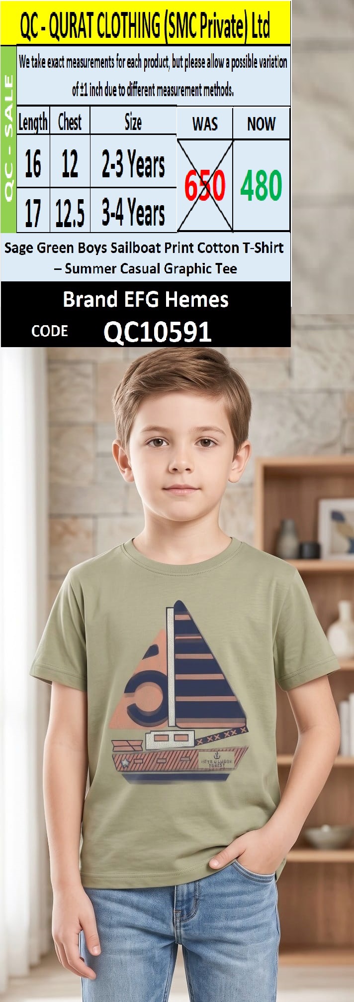 Sage Green Boys Sailboat Print Cotton T-Shirt – Summer Casual Graphic Tee QC10591