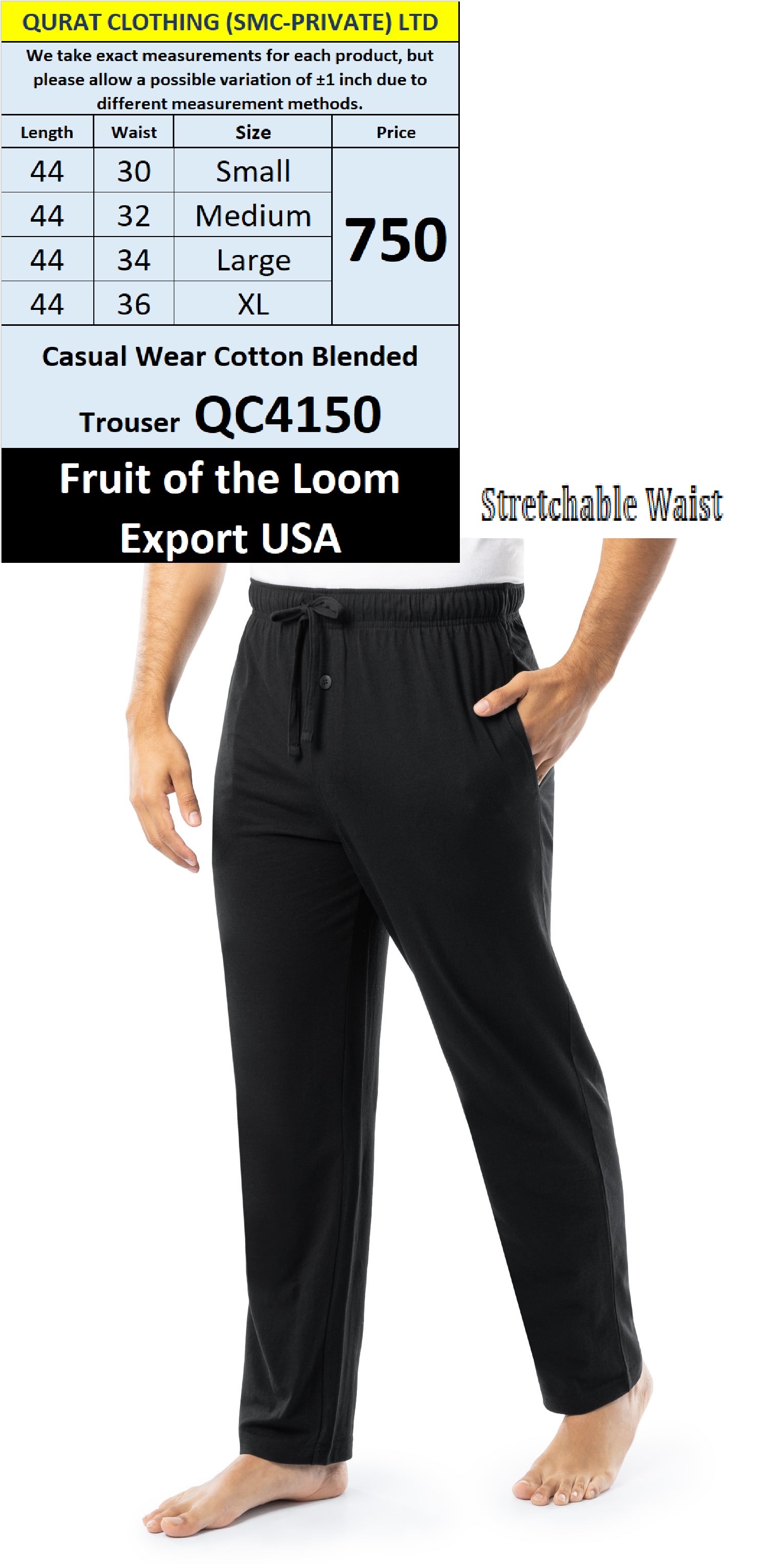 Black Fruit of Loom Brand Casual Wear Cotton Blended Trousers QC4150 Export USA