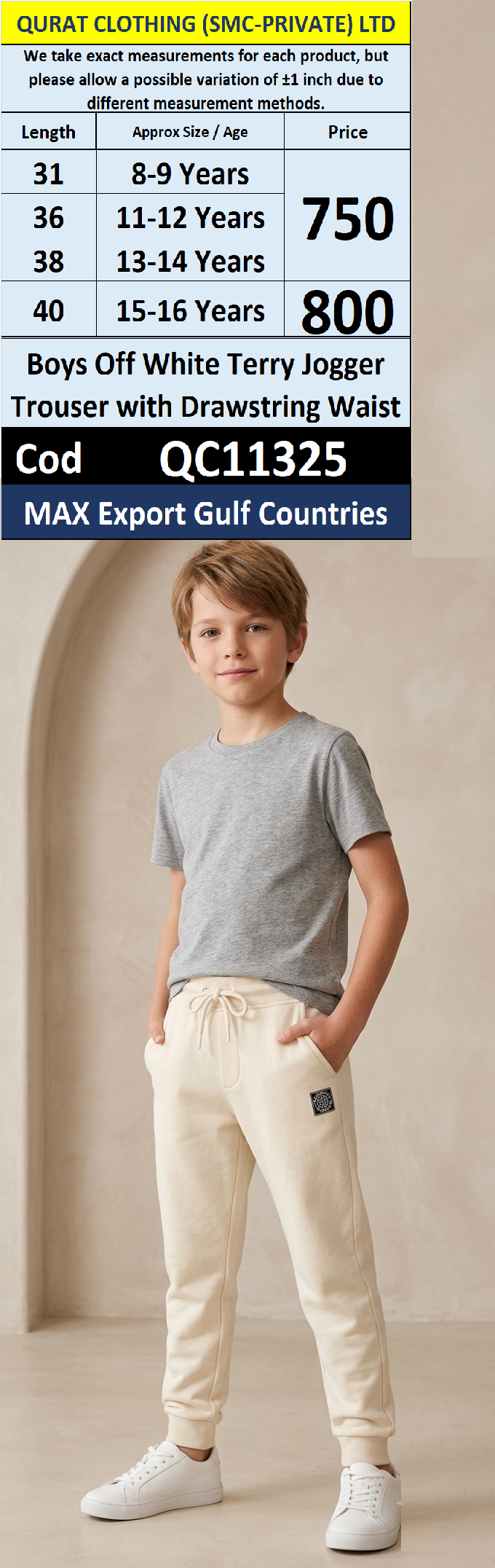 Boys Off White Terry Jogger Trouser with Drawstring Waist – MAX Export Gulf Countries | QC11325