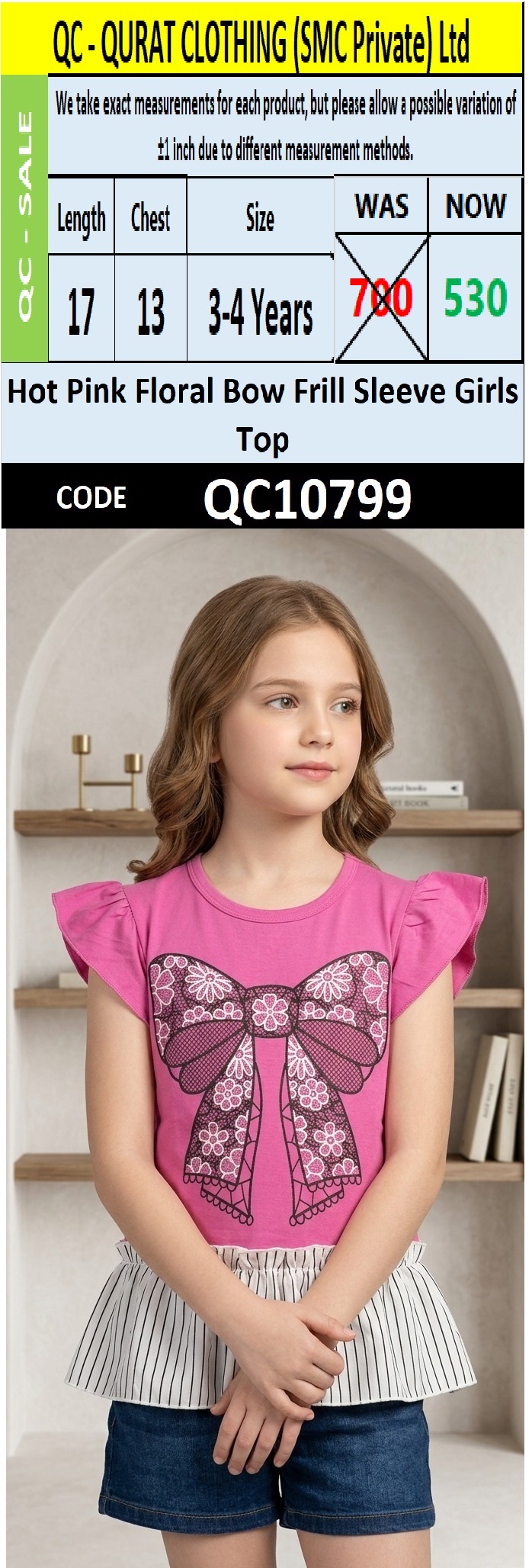 Hot Pink Floral Bow Frill Sleeve Girls Top QC10799
