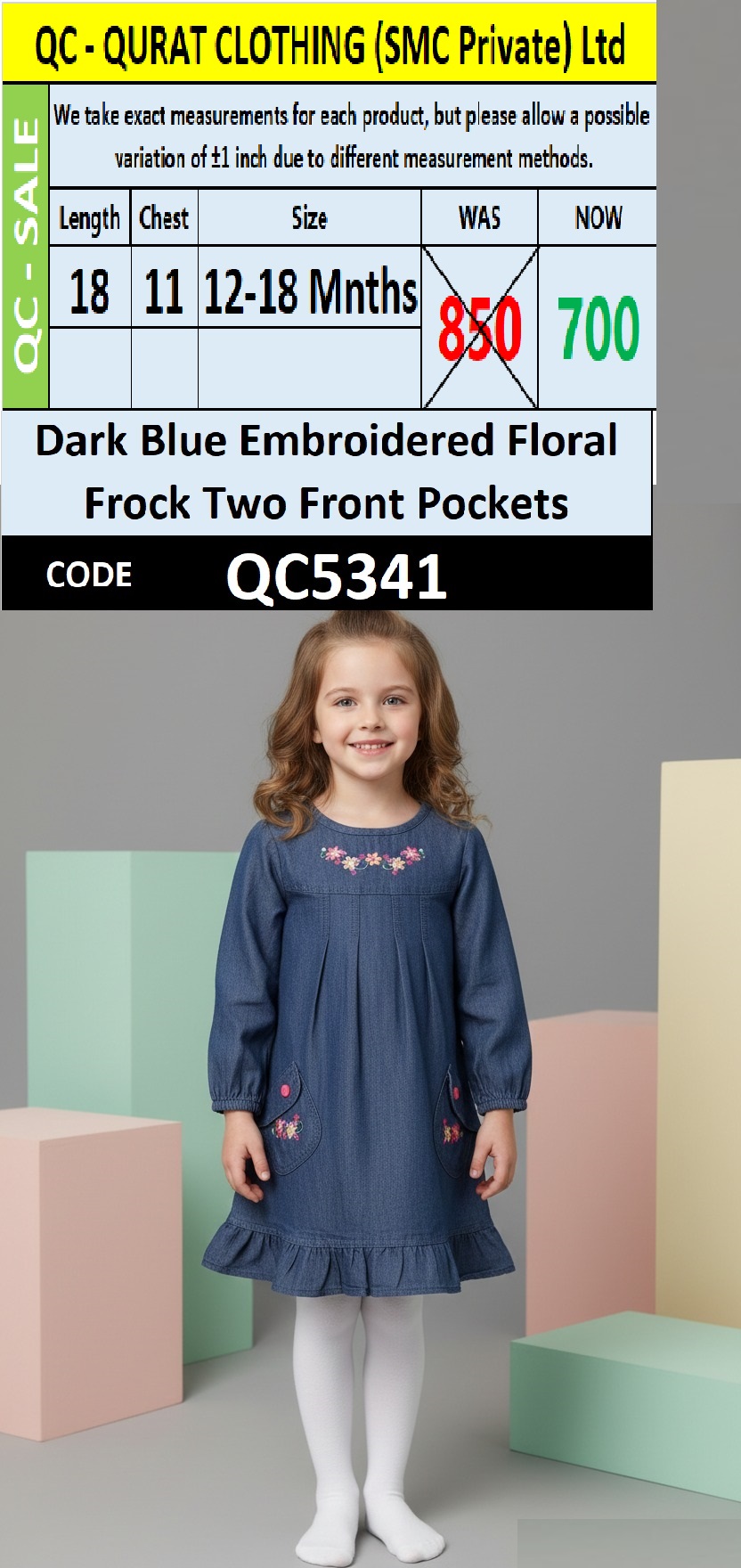 Dark Blue Embroidered Floral Kids Frock with Two Front Pockets QC5341