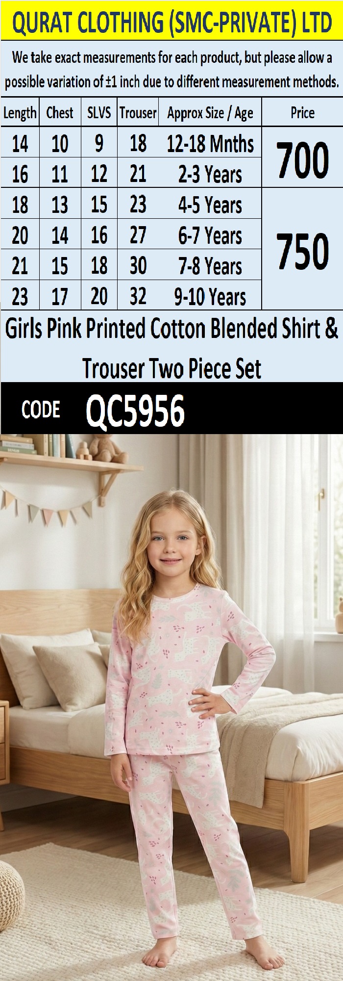 Girls Soft Pink Animal Printed Cotton Blended Two Piece Shirt & Trouser Set – QC5956