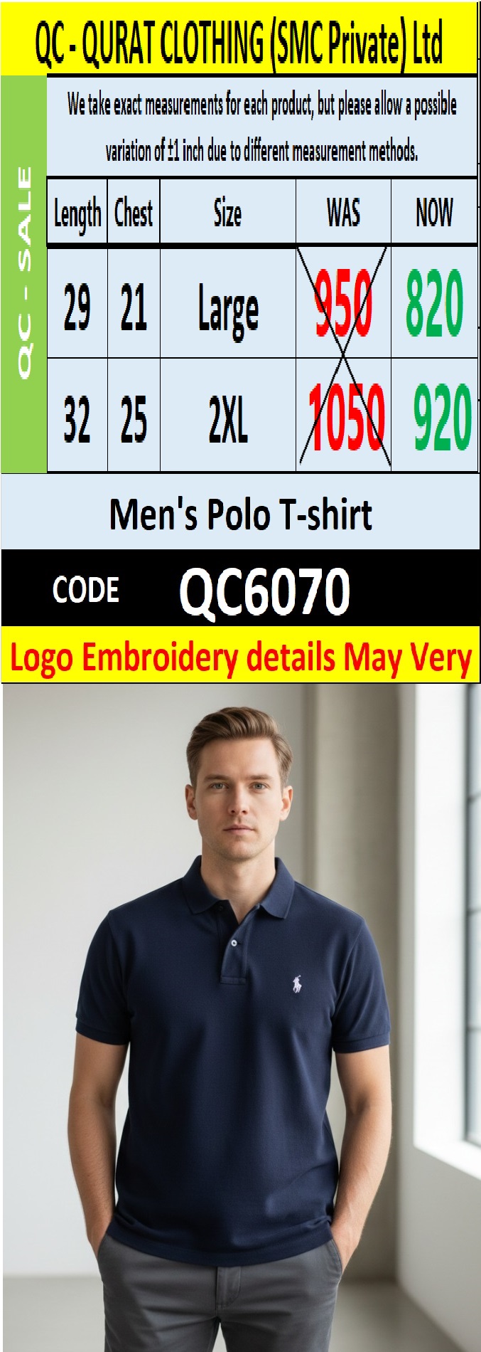 Navy Blue PK Cotton Piqué Polo T-Shirt Embroidered Logo Men’s Regular Fit – QC6070