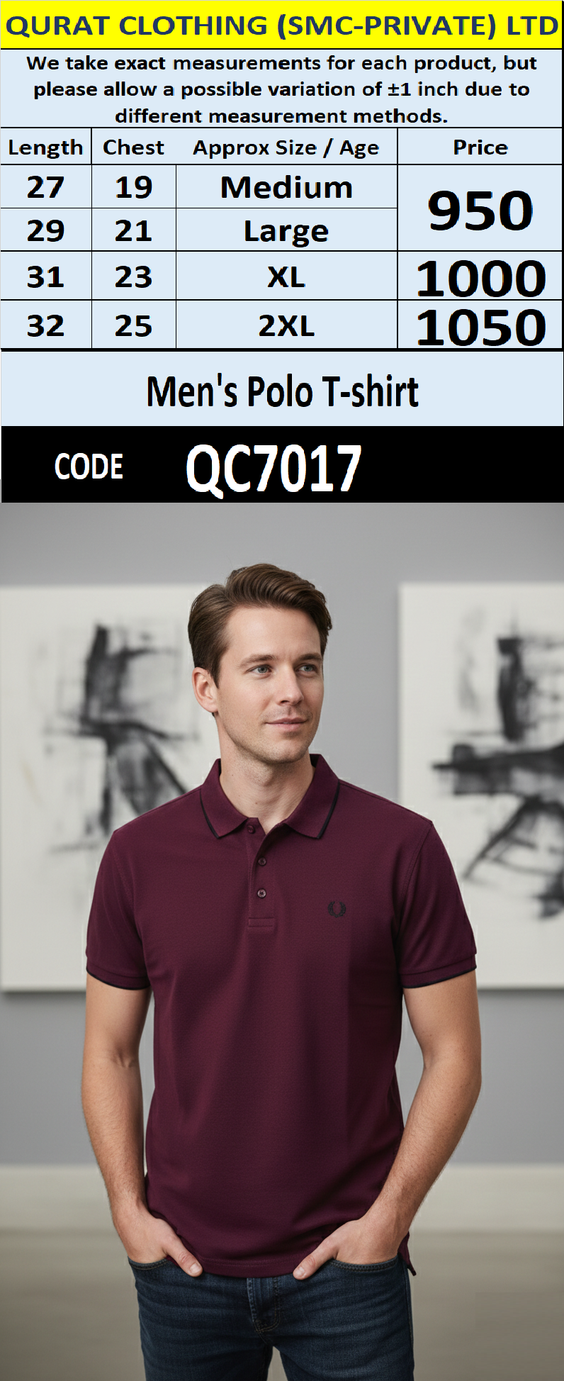 Maroon PK Cotton Piqué Polo T-Shirt Contrast Collar Men’s Regular Fit QC7017