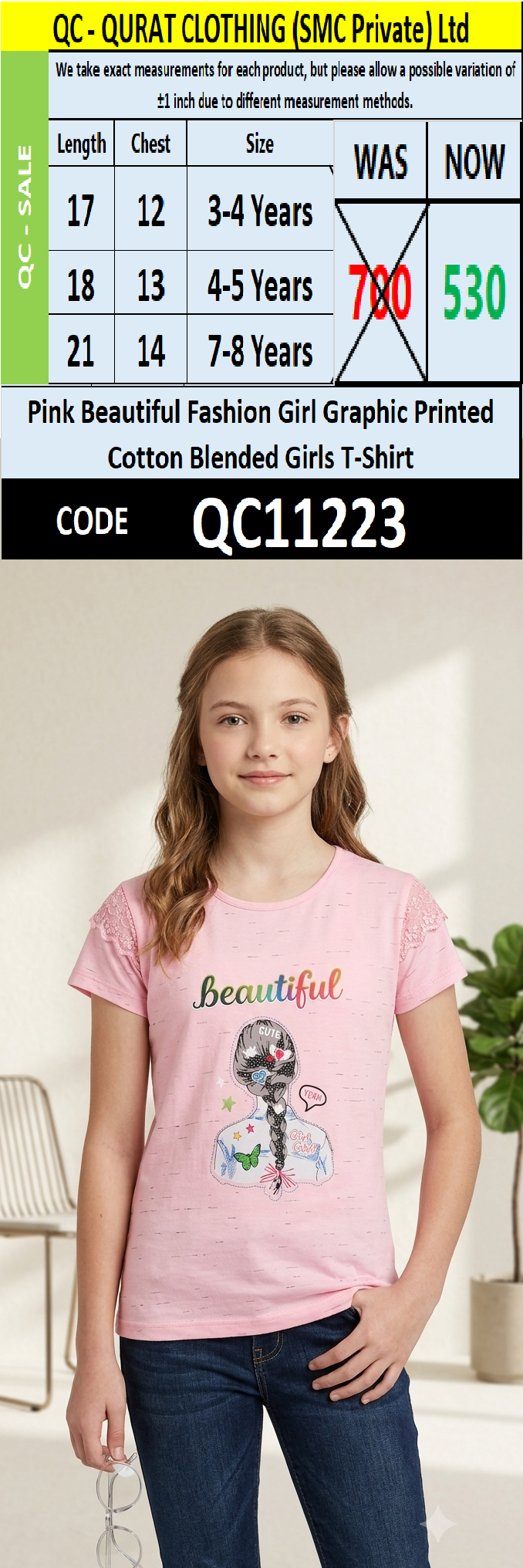 Pink Beautiful Fashion Girl Graphic Printed Cotton Blended Girls T-Shirt - QC11223