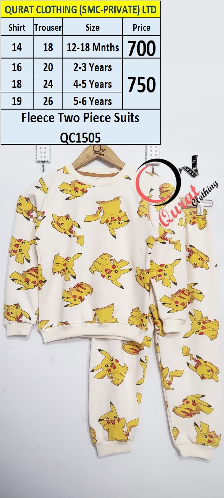 Pokemon Pikachu Print Fleece Two Piece Suits QC1505 - QC1505