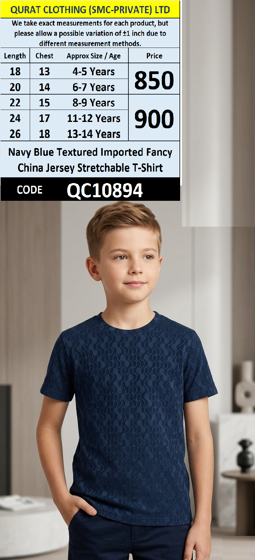 Navy Blue Textured Imported Fancy China Jersey Stretchable T-Shirt QC10894