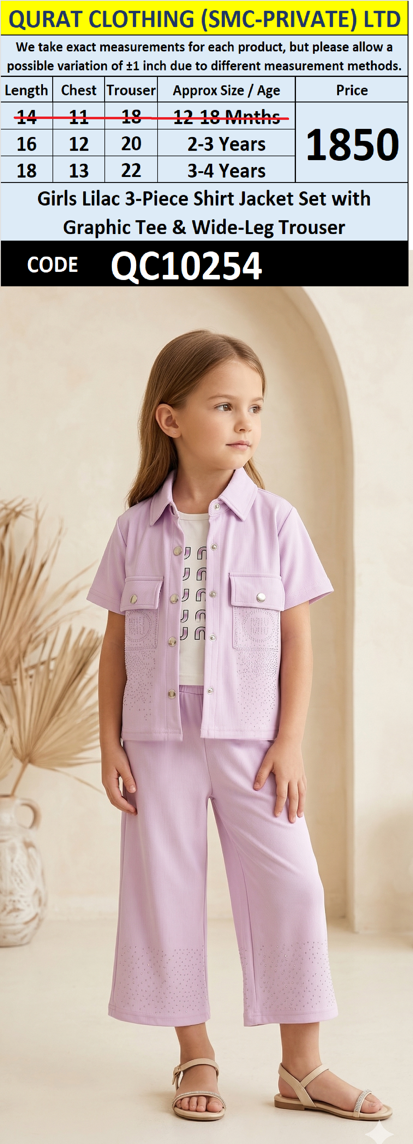 Girls Lilac 3-Piece Shirt Jacket Set with Graphic Tee & Wide-Leg Trouser – QC10254 - QC10254