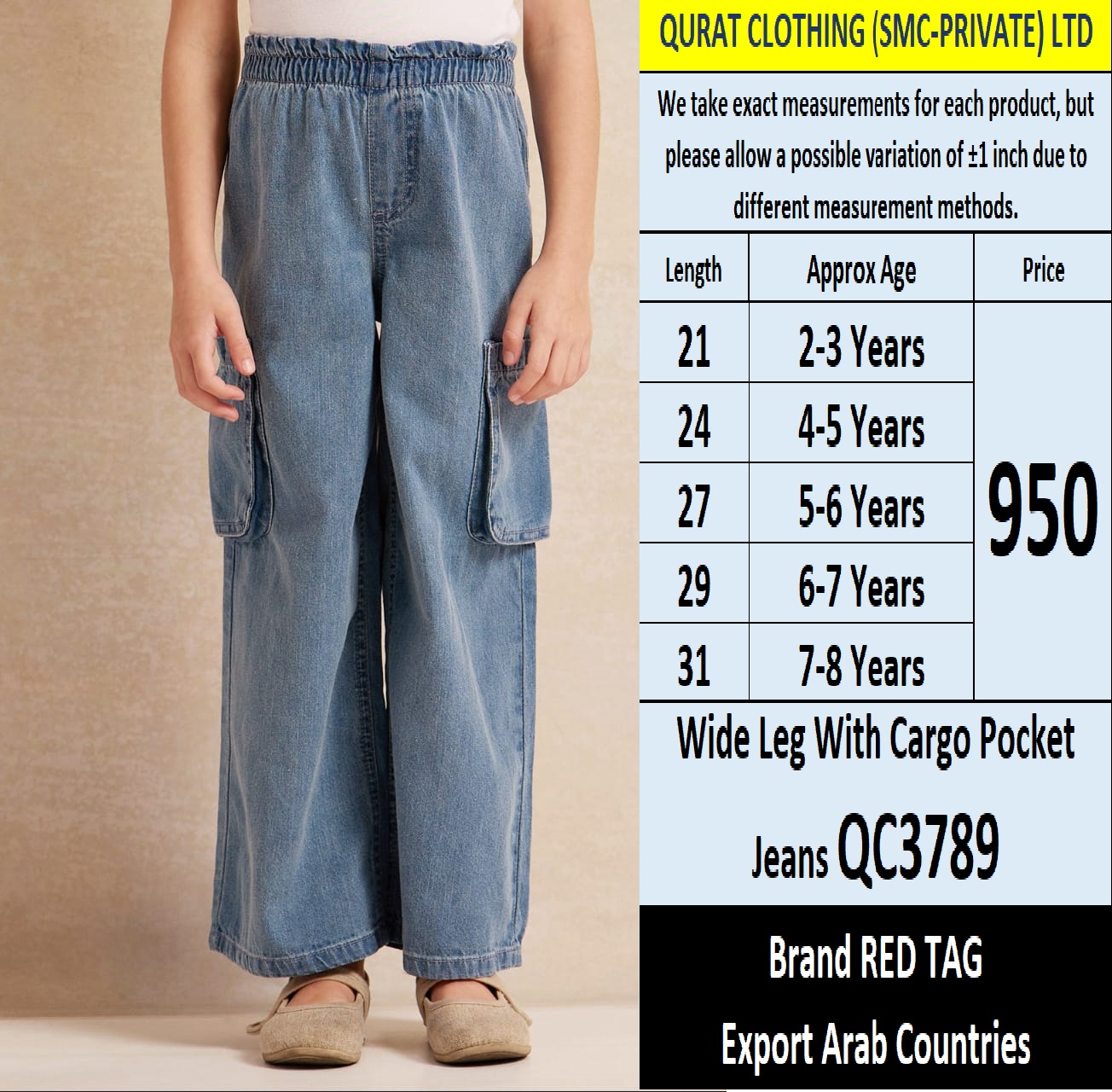 Red Tag Brand Wide Leg with Cargo Pocket Jeans QC3789 Export Arab Countries