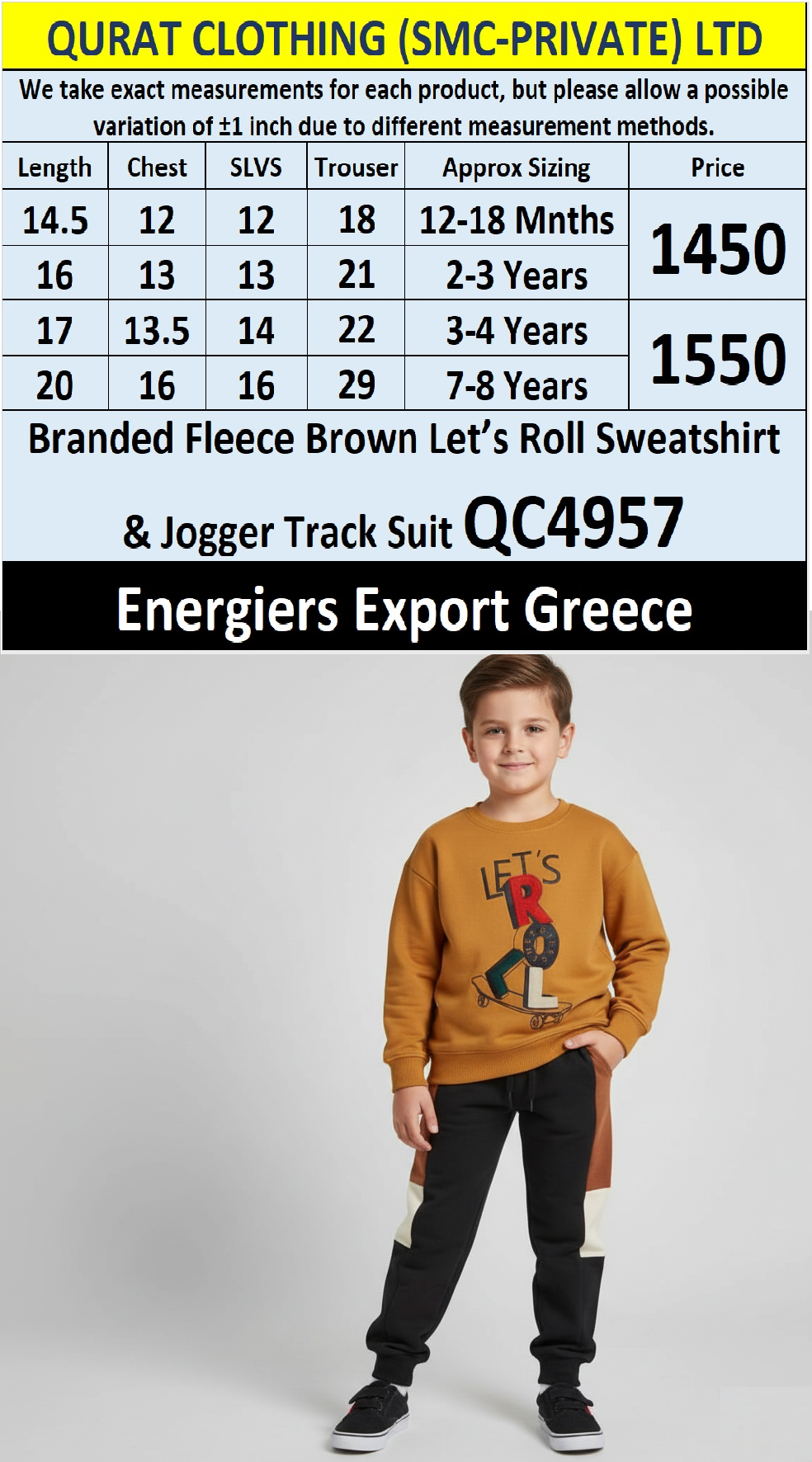 Energiers Brown “LET’S ROLL” Branded Fleece Sweatshirt & Jogger Track Suit QC4957 – Export Greece