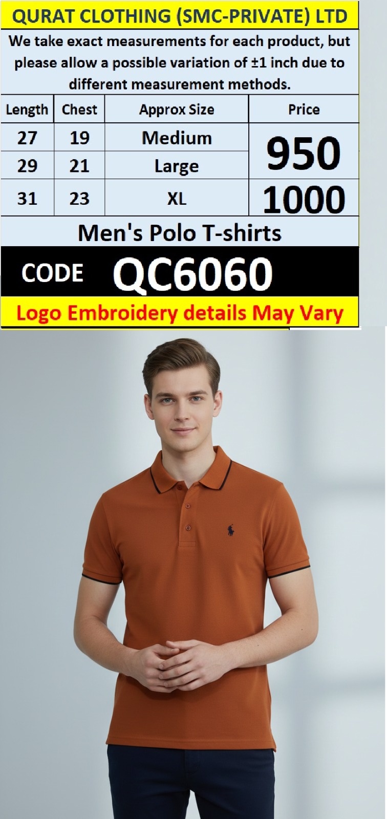 Rust Orange Cotton Piqué Polo T-Shirt Embroidered Chest Logo Contrast Collar – QC6060