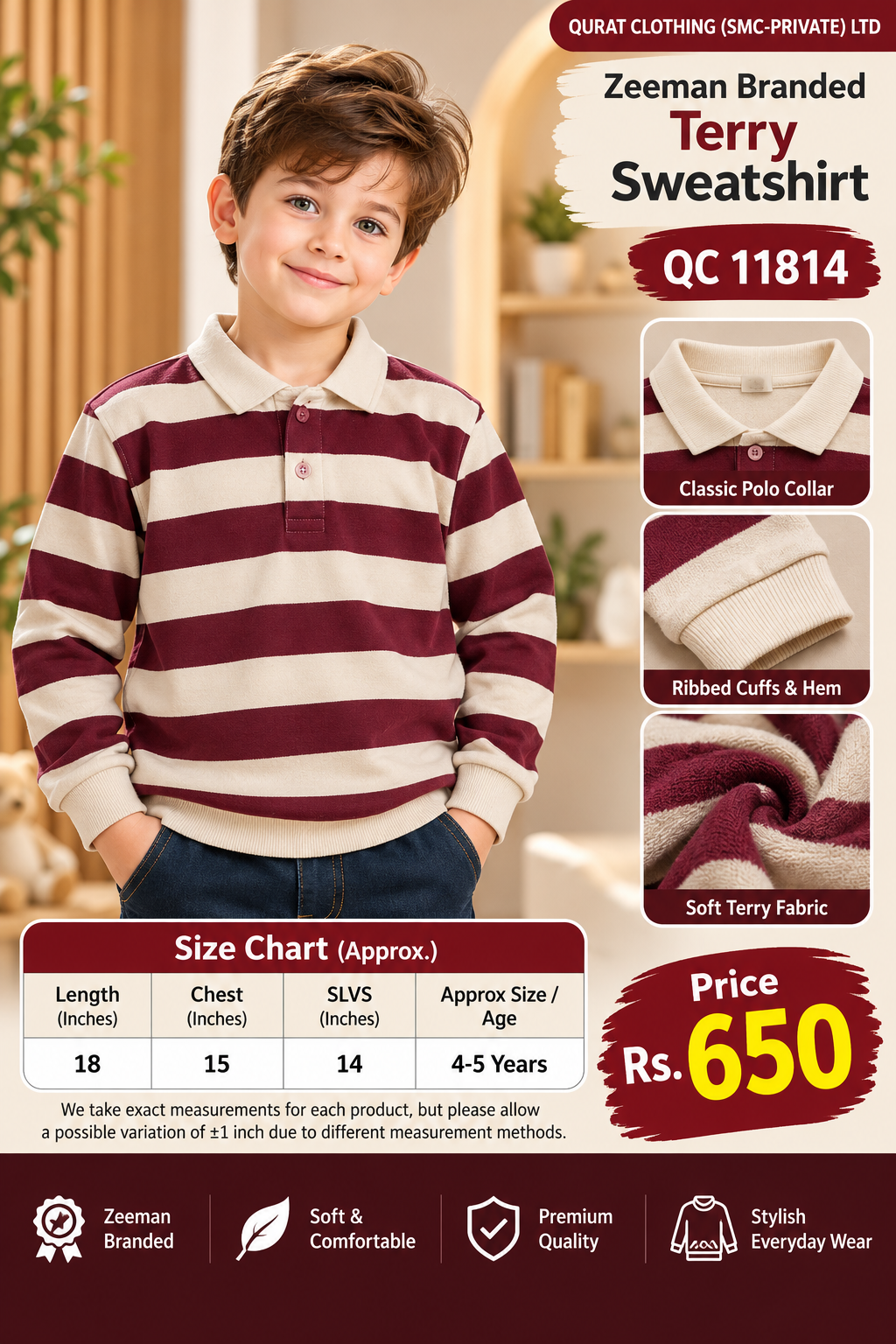 Zeeman Branded Kids’ Maroon And Cream Terry Sweatshirt with wide horizontal stripes — QC11814