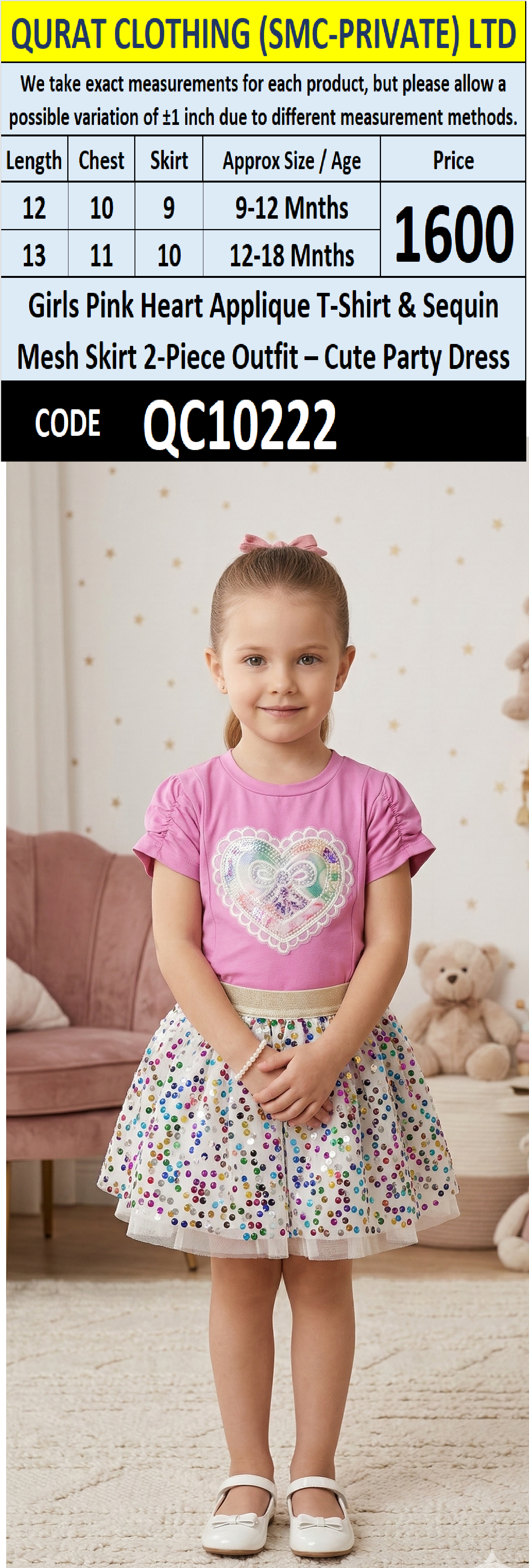 Girls Pink Heart Applique T-Shirt & Sequin Mesh Skirt 2-Piece Outfit – Cute Party Dress – QC10222 - QC10222
