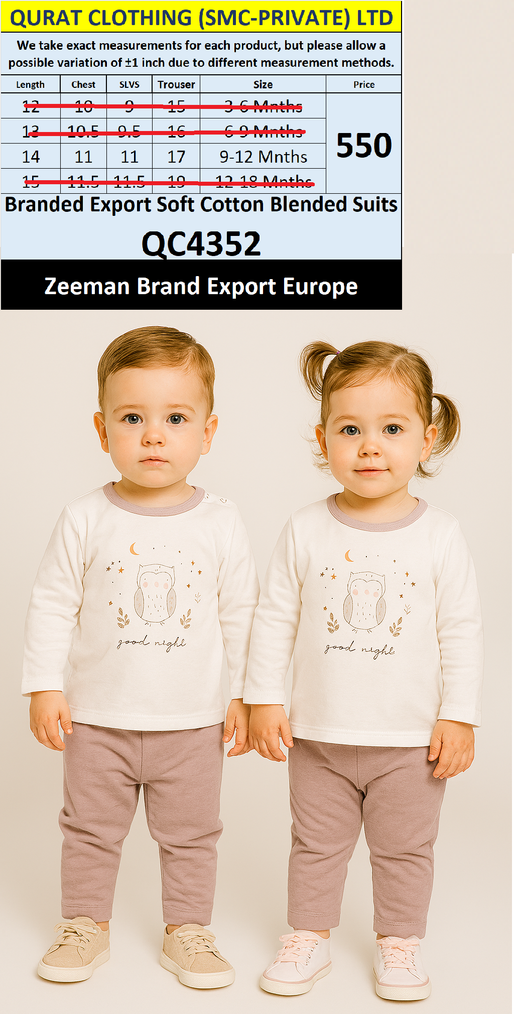 Zeeman Brand Unisex Soft Cotton Blended Suits QC4352 Export Europe 