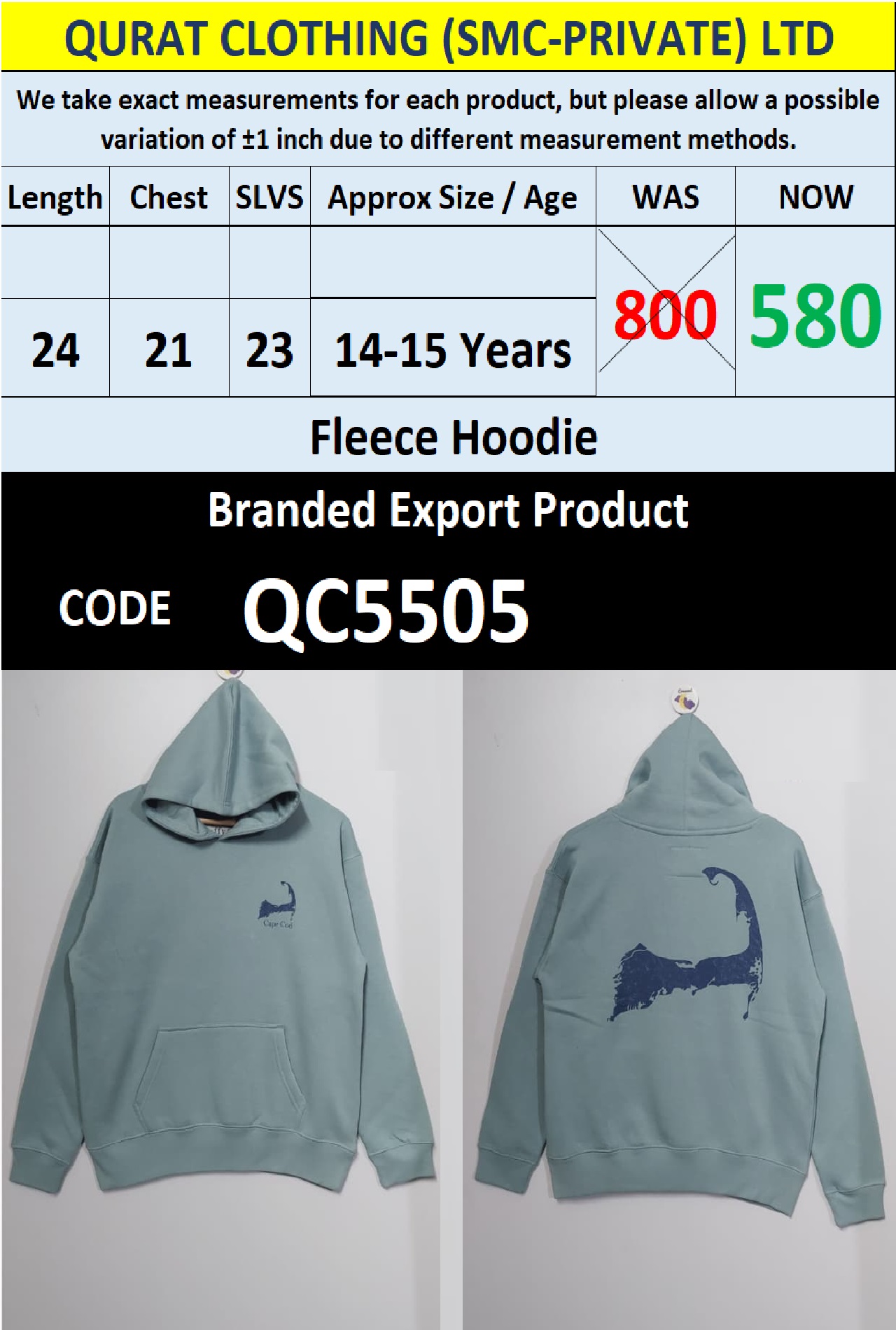 Branded Fleece Hoodie Export Product - QC5505