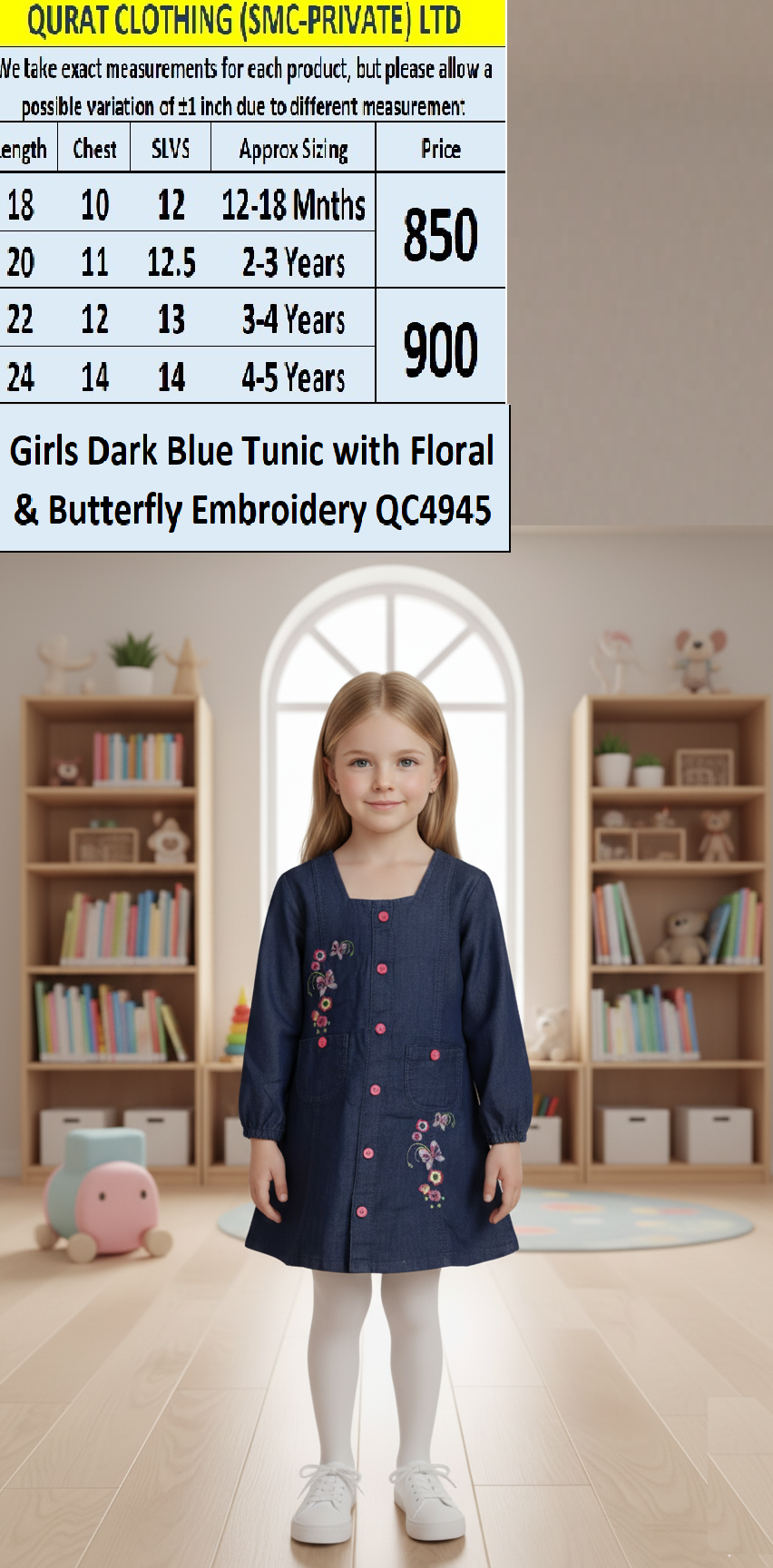 Girls Dark Blue Denim Tunic with Floral & Butterfly Embroidery – QC4945