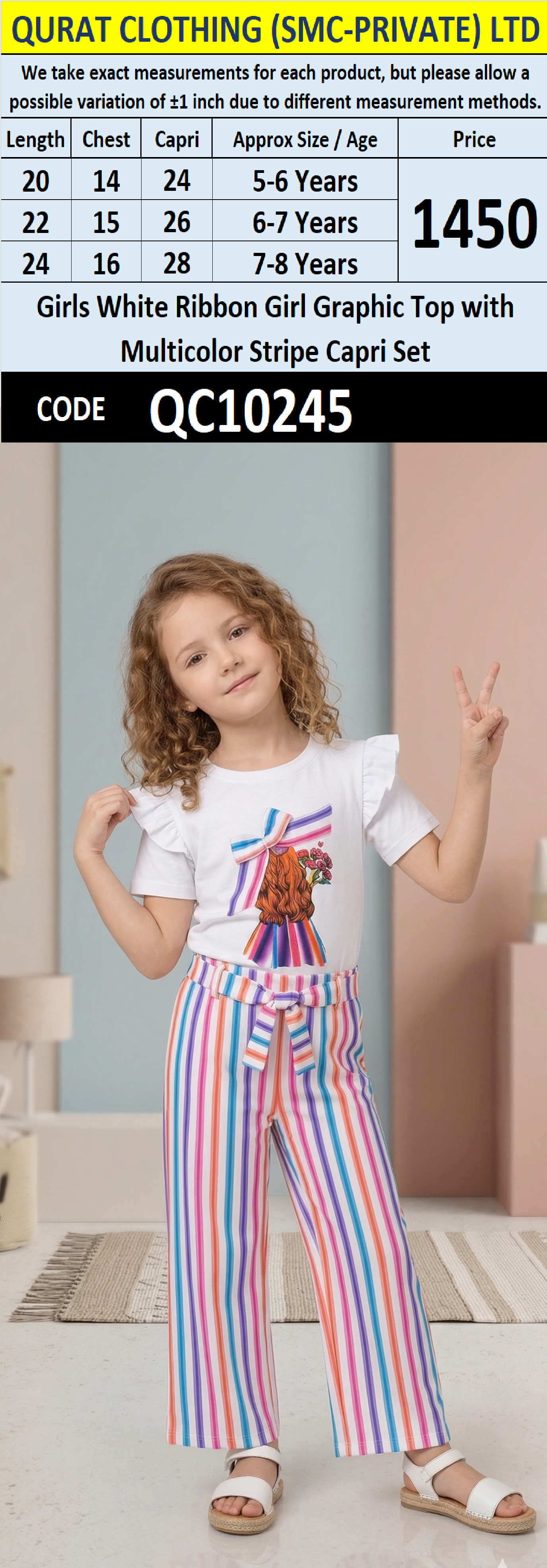 Girls White Ribbon Girl Graphic Top with Multicolor Stripe Capri Set – QC10245 - QC10245