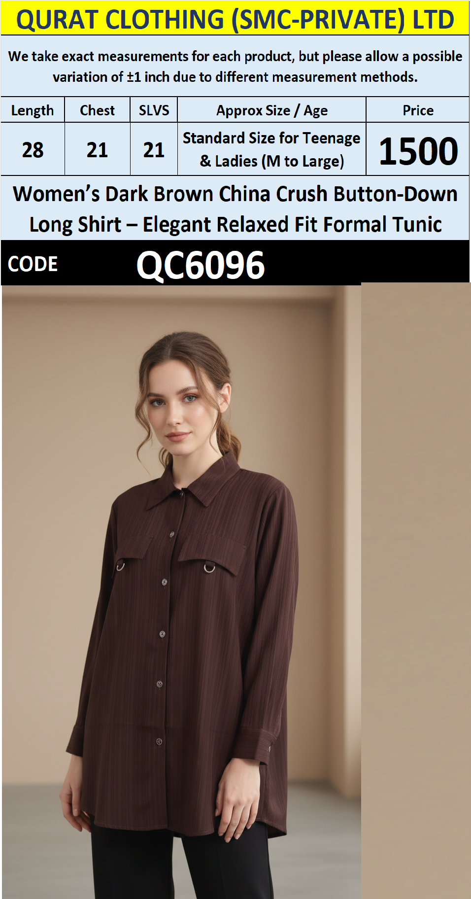 Dark Brown China Crush Button-Down Long Shirt – Elegant Relaxed Fit Formal Tunic QC6096