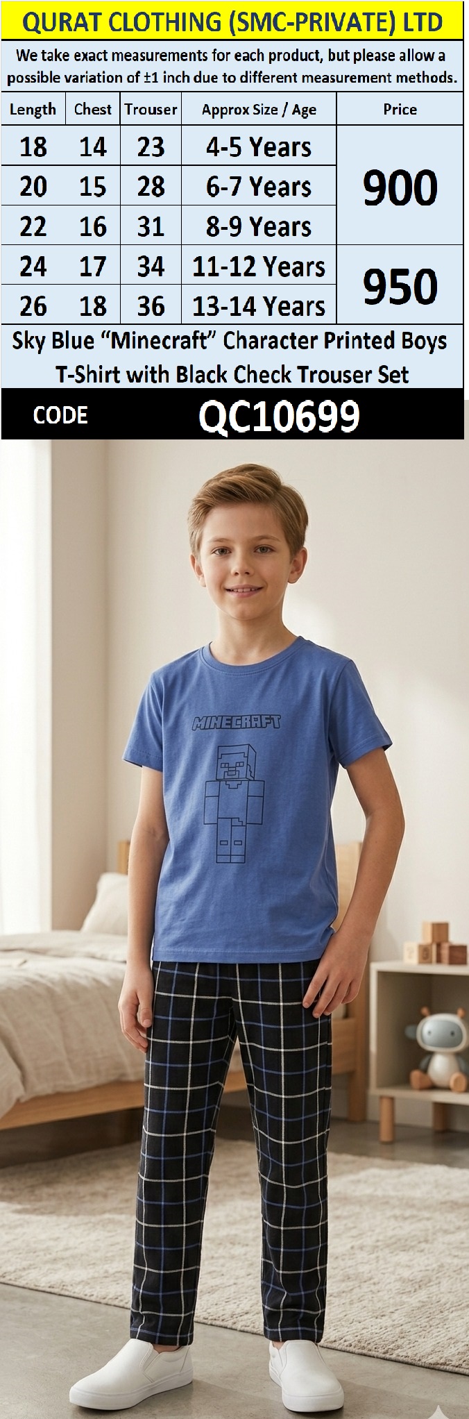 Sky Blue “Minecraft” Character Printed Boys T-Shirt with Black Check Trouser Set – QC10699