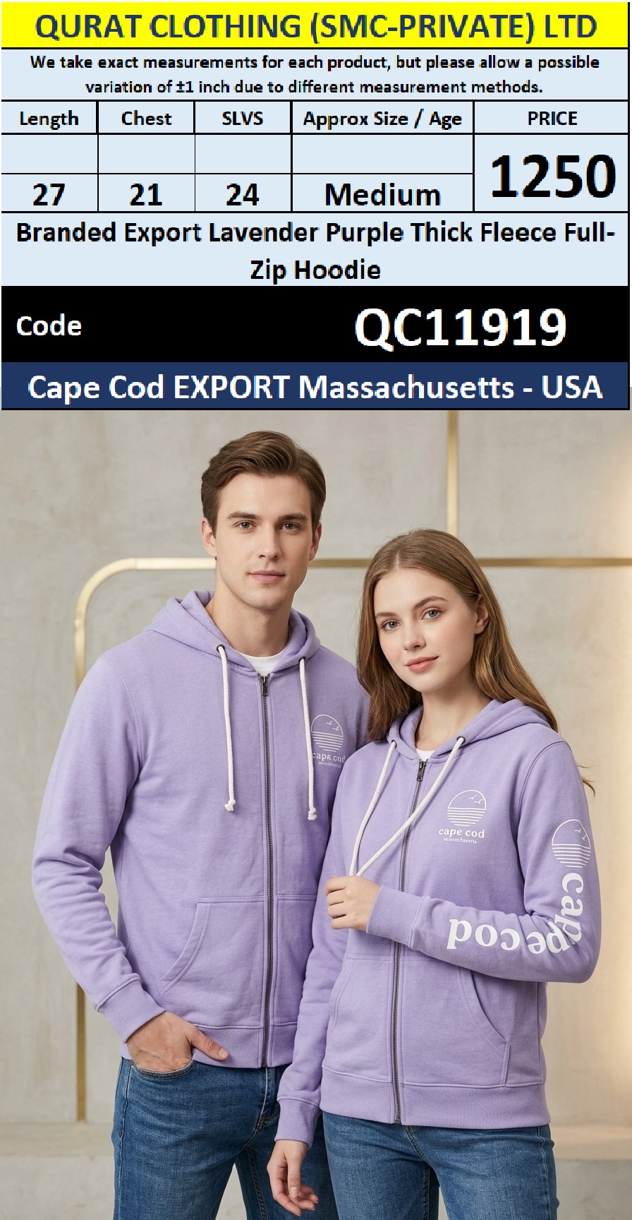Branded Export Lavender Purple Thick Fleece Full-Zip Hoodie – Cape Cod Coastal Logo Print – Cape Cod Massachusetts USA – QC11919