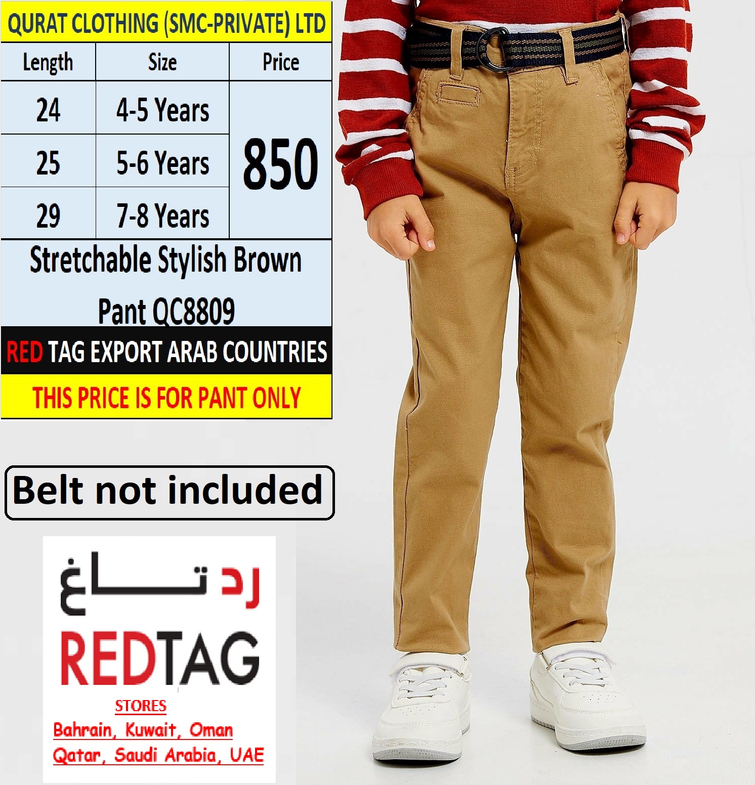 RED TAG Brand Stretchable Stylish Brown Pant QC8809 Export Arab Countries