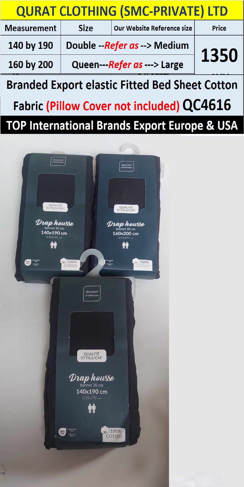 Top Intl Brand Elastic Fitted Cotton Bed Sheet QC4616 Export Europe & USA