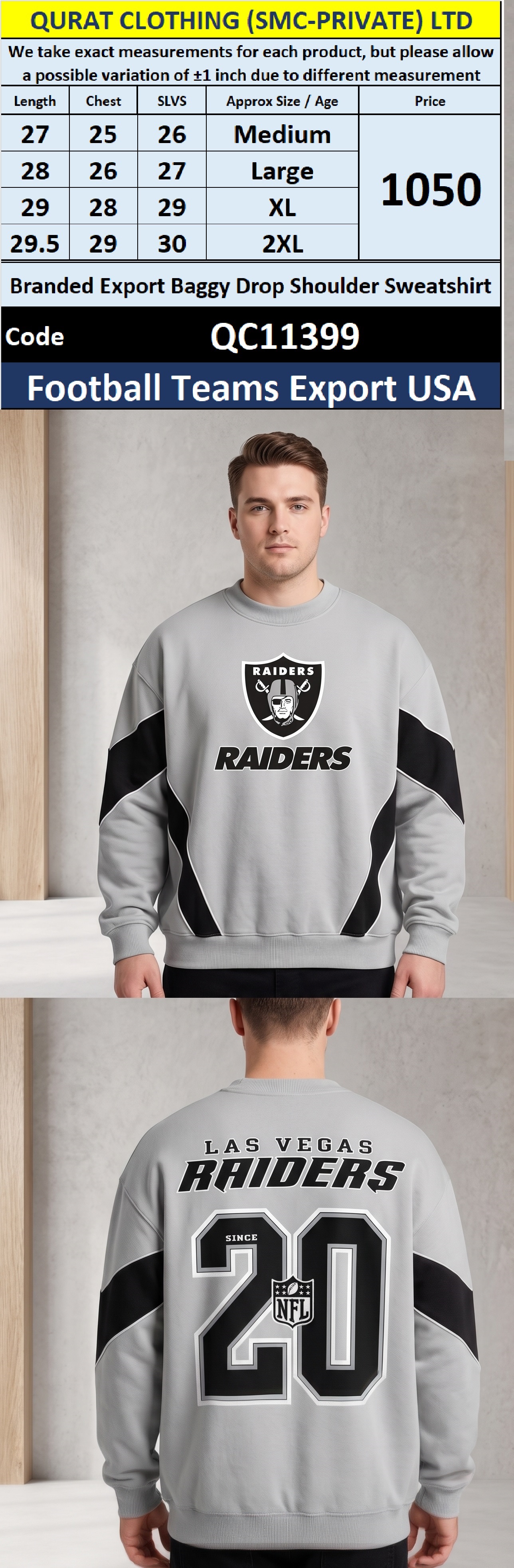 Branded Export Baggy Drop Shoulder Raiders Sweatshirt – Football Teams Export USA – QC11399