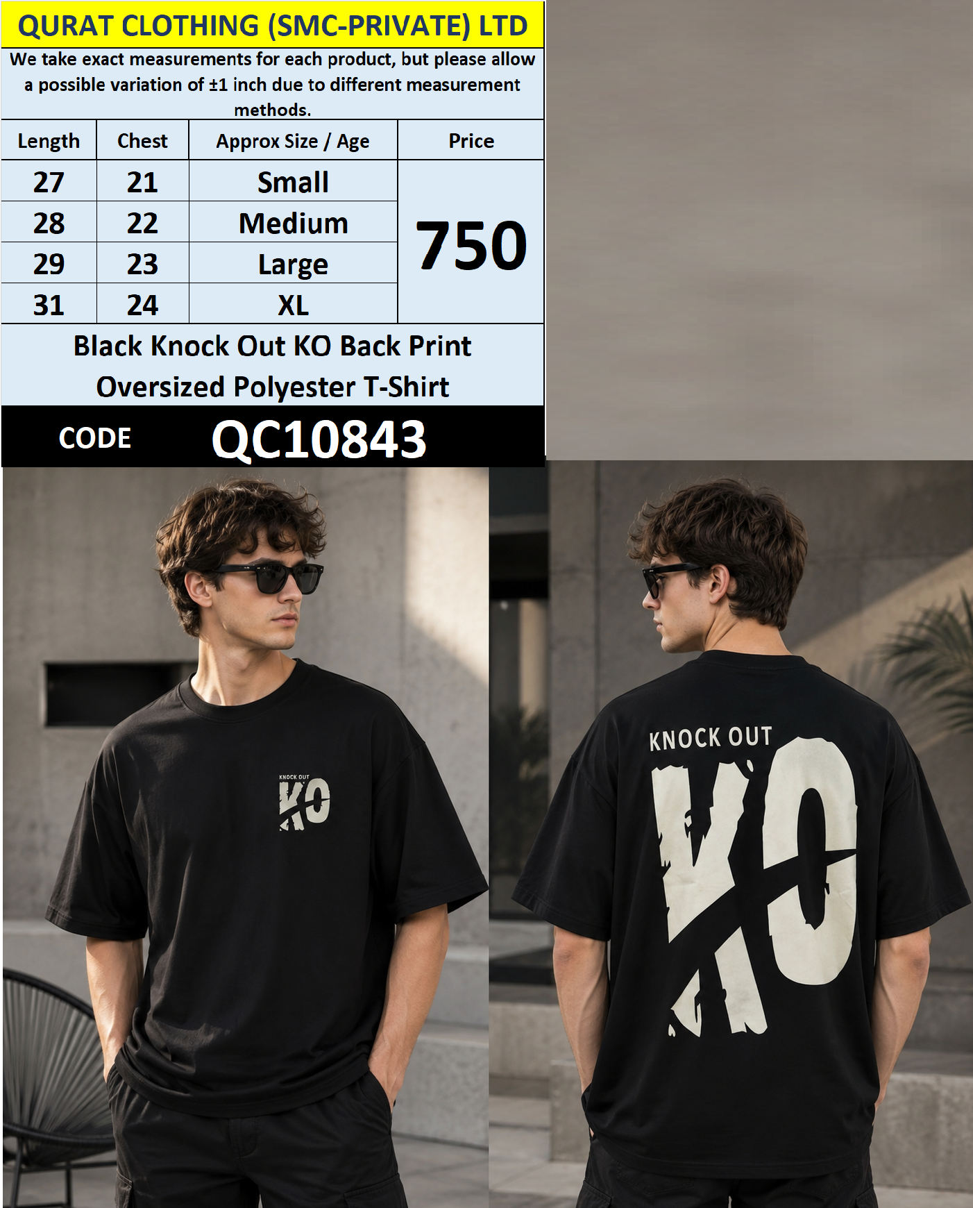 Black Knock Out KO Back Print Oversized Polyester T-Shirt QC10843