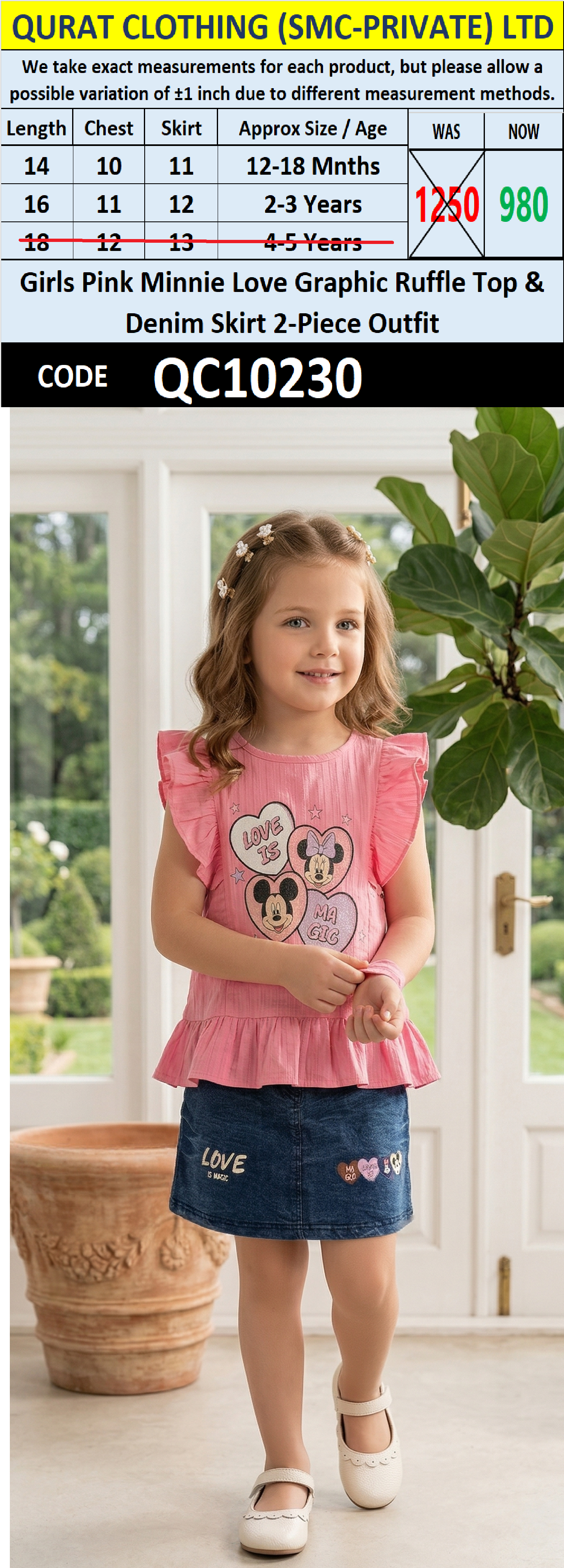 Girls Pink Minnie Love Graphic Ruffle Top & Denim Skirt 2-Piece Outfit – QC10230
