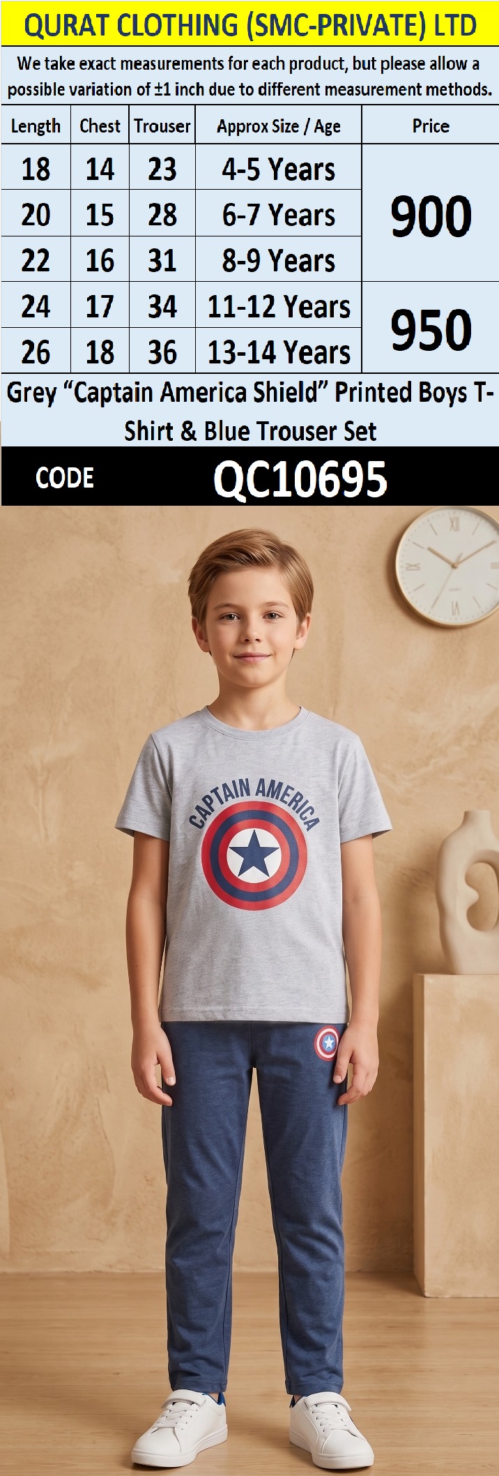 Grey “Captain America Shield” Printed Boys T-Shirt & Blue Trouser Set – QC10695