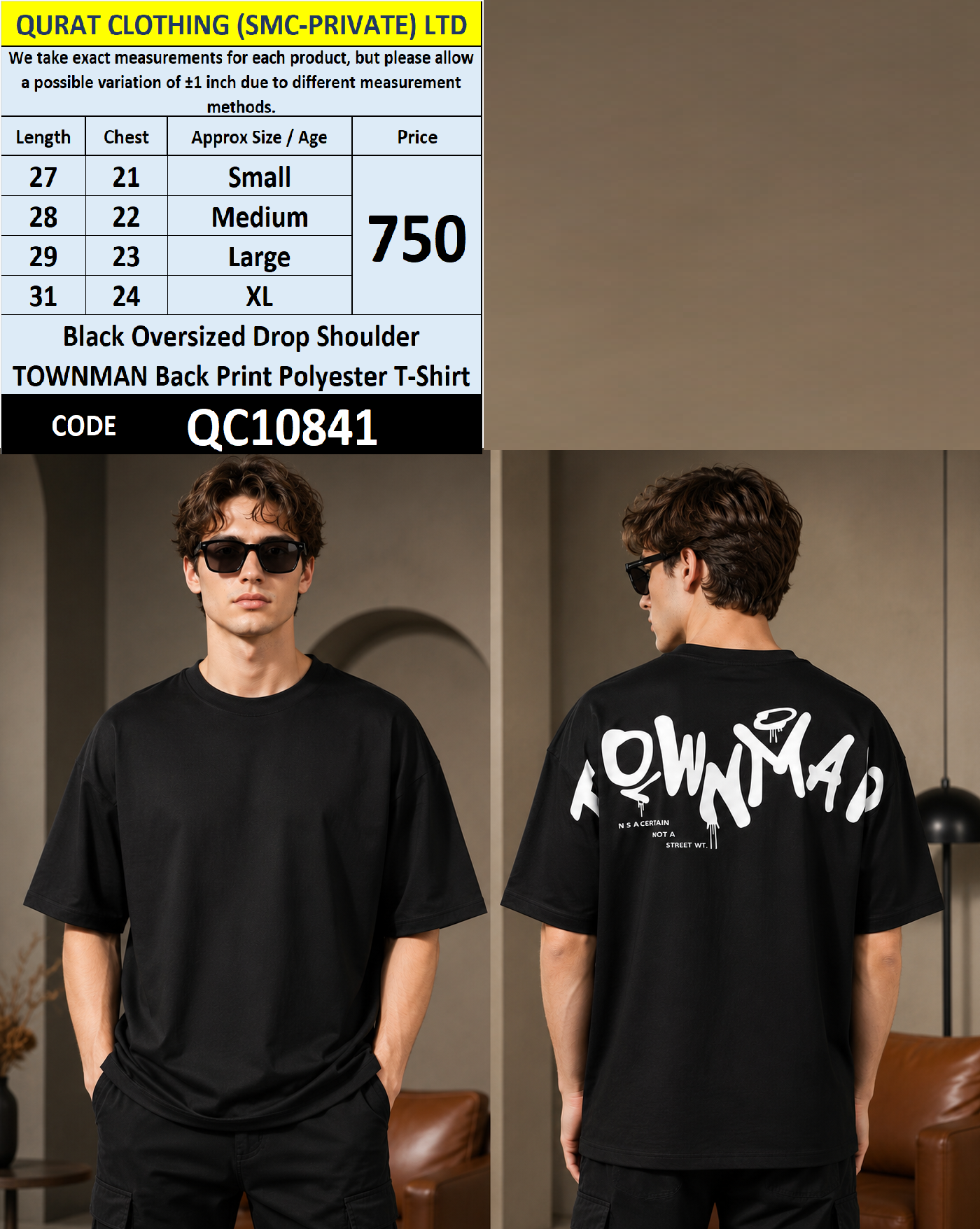 Black Oversized Drop Shoulder TOWNMAN Back Print Polyester T-Shirt QC10841