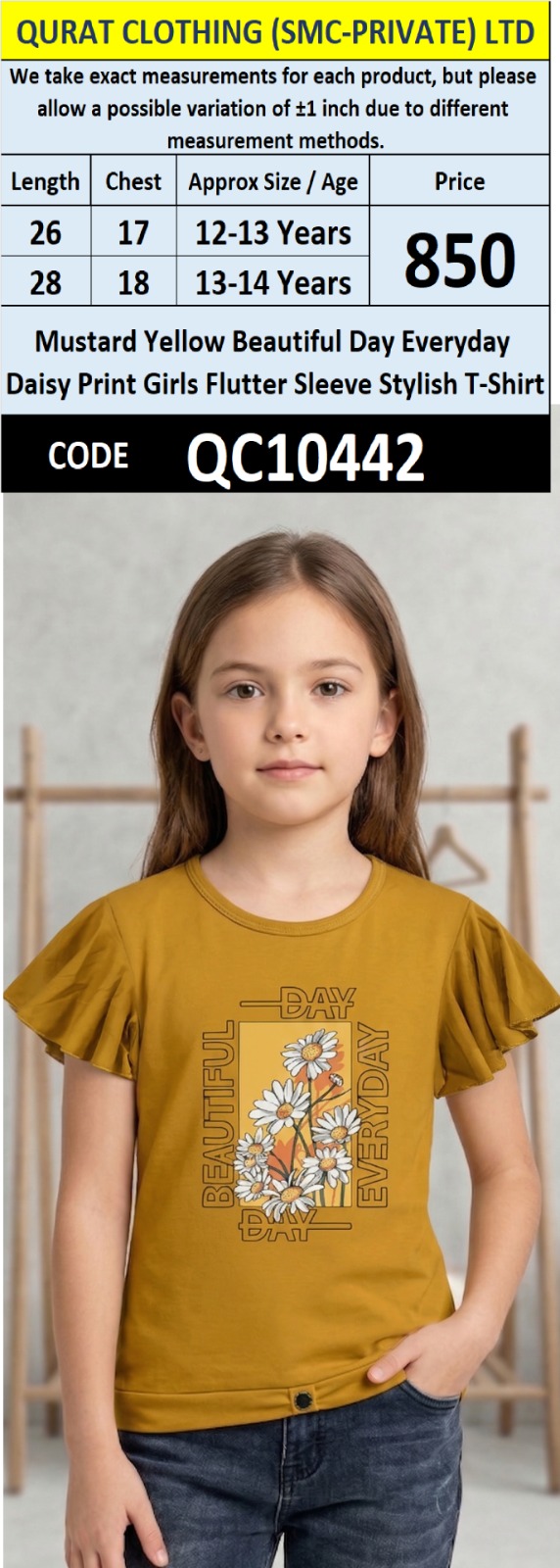 Mustard Yellow Beautiful Day Everyday Daisy Print Girls Flutter Sleeve Stylish T-Shirt QC10442