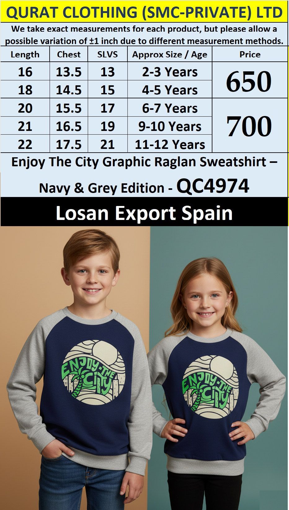 Losan Brand “Enjoy The City” Graphic Raglan Sweatshirt QC4974 – Navy & Grey Edition – Export Spain