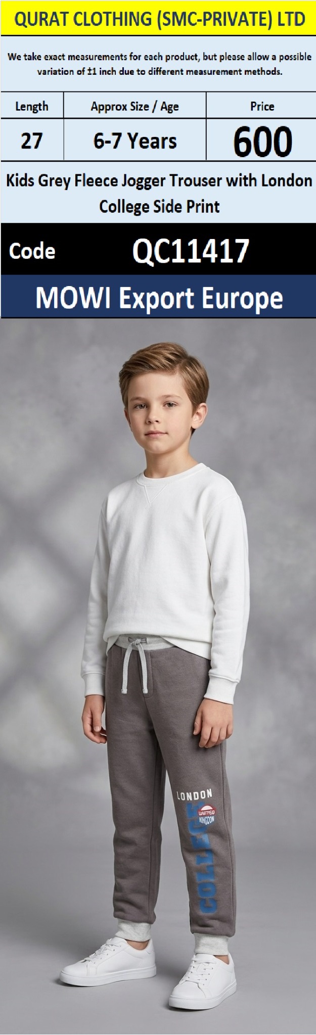 MOWI Export Europe Kids Grey Fleece Jogger Trouser with London College Side Print – QC11417