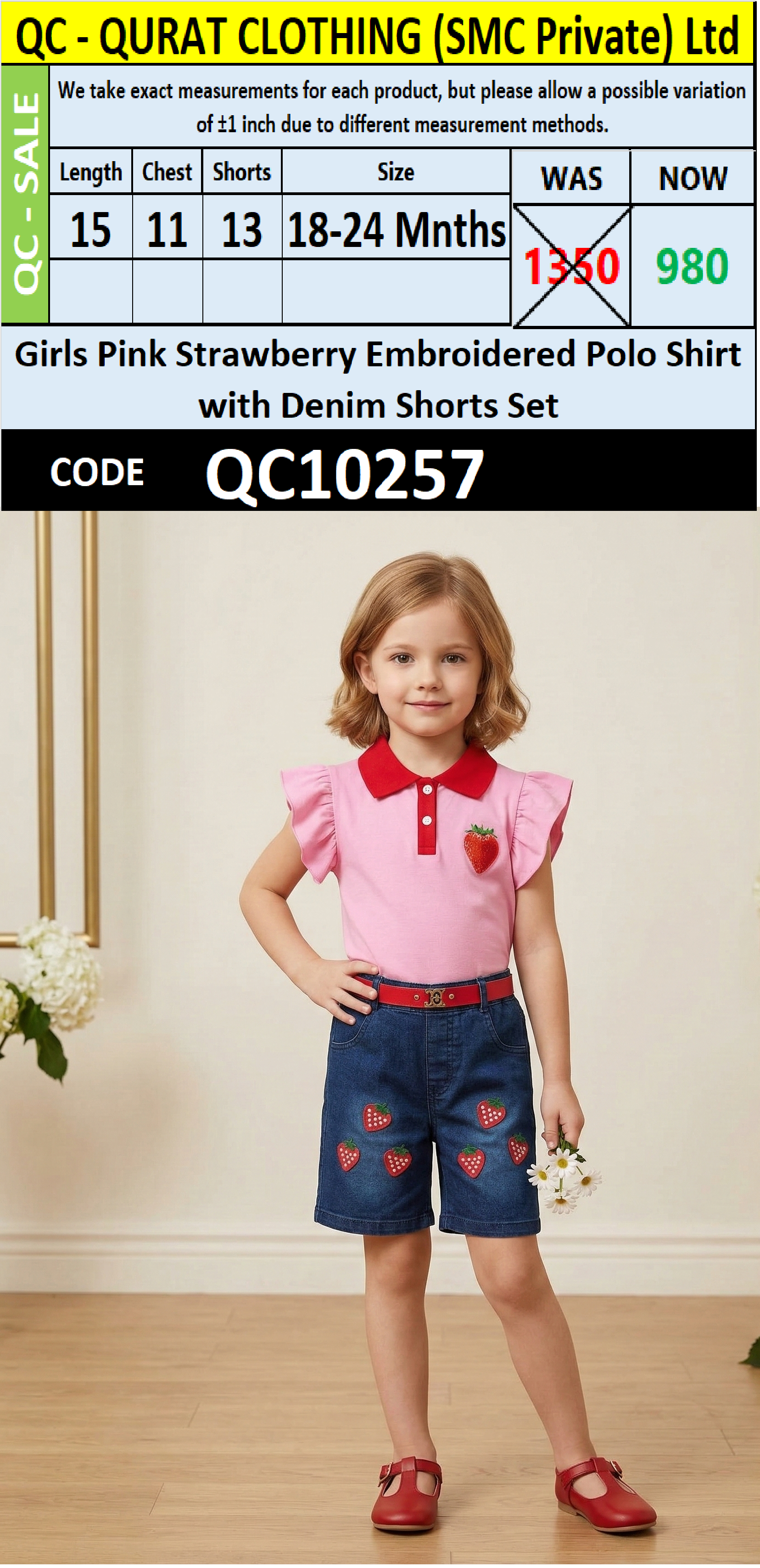 Girls Pink Strawberry Embroidered Polo Shirt with Denim Shorts Set – QC10257