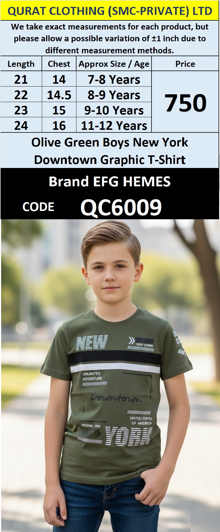 Olive Green Cotton Blend Boys T-Shirt NEW YORK Downtown Graphic – QC6009