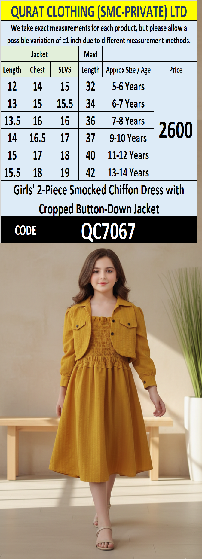 Girls Mustard Yellow Smocked Chiffon Maxi Dress with Cropped Button-Down Jacket – 2 Piece Formal Set QC7067 - QC7067