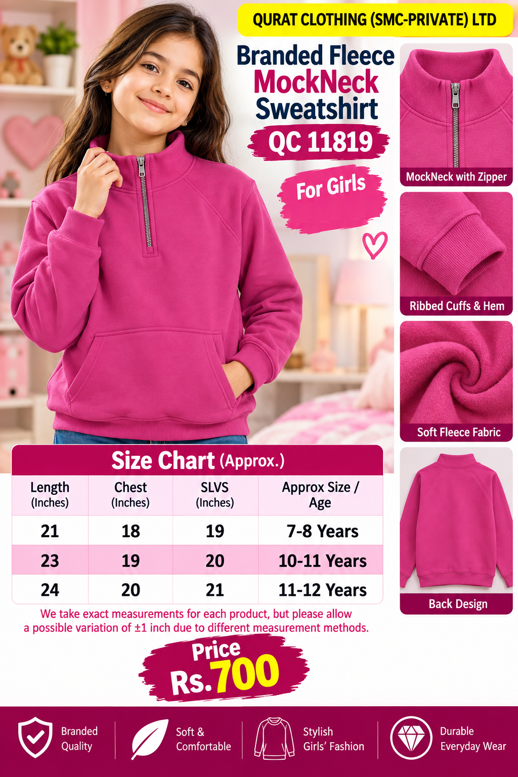 Branded Kids’ Bright Pink Fleece Mock Neck Sweatshirt with plain finish — QC11819