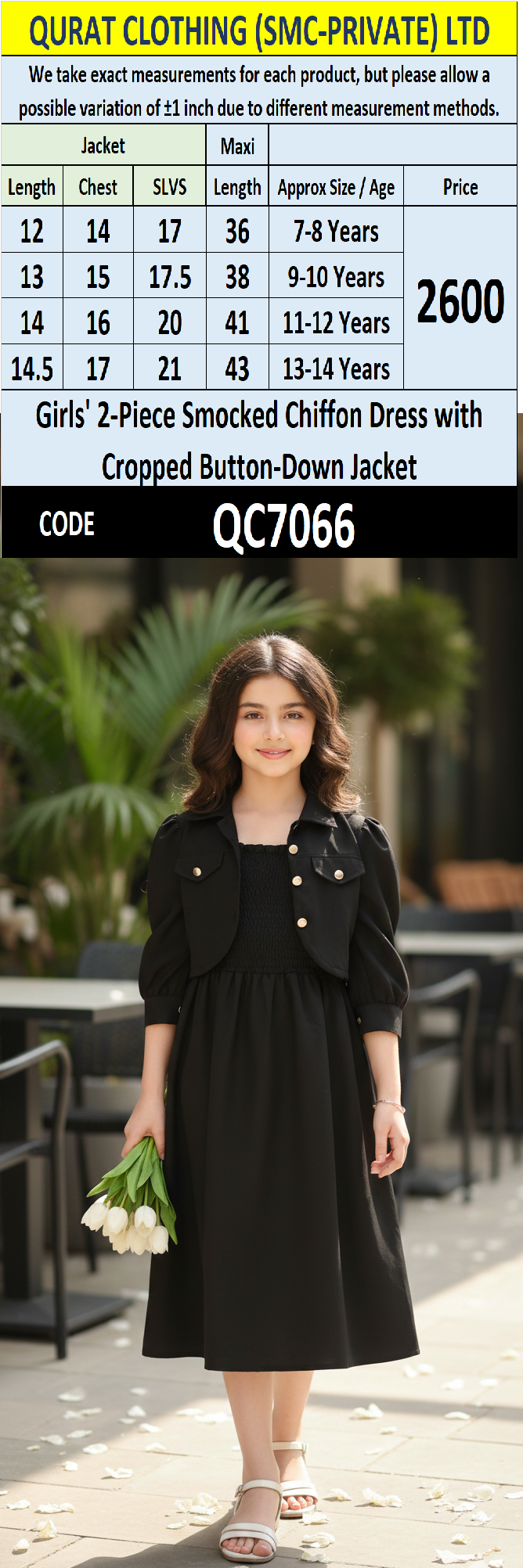 Girls Classic Black Smocked Chiffon Maxi Dress with Cropped Button-Down Jacket – 2 Piece Formal Set QC7066 - QC7066
