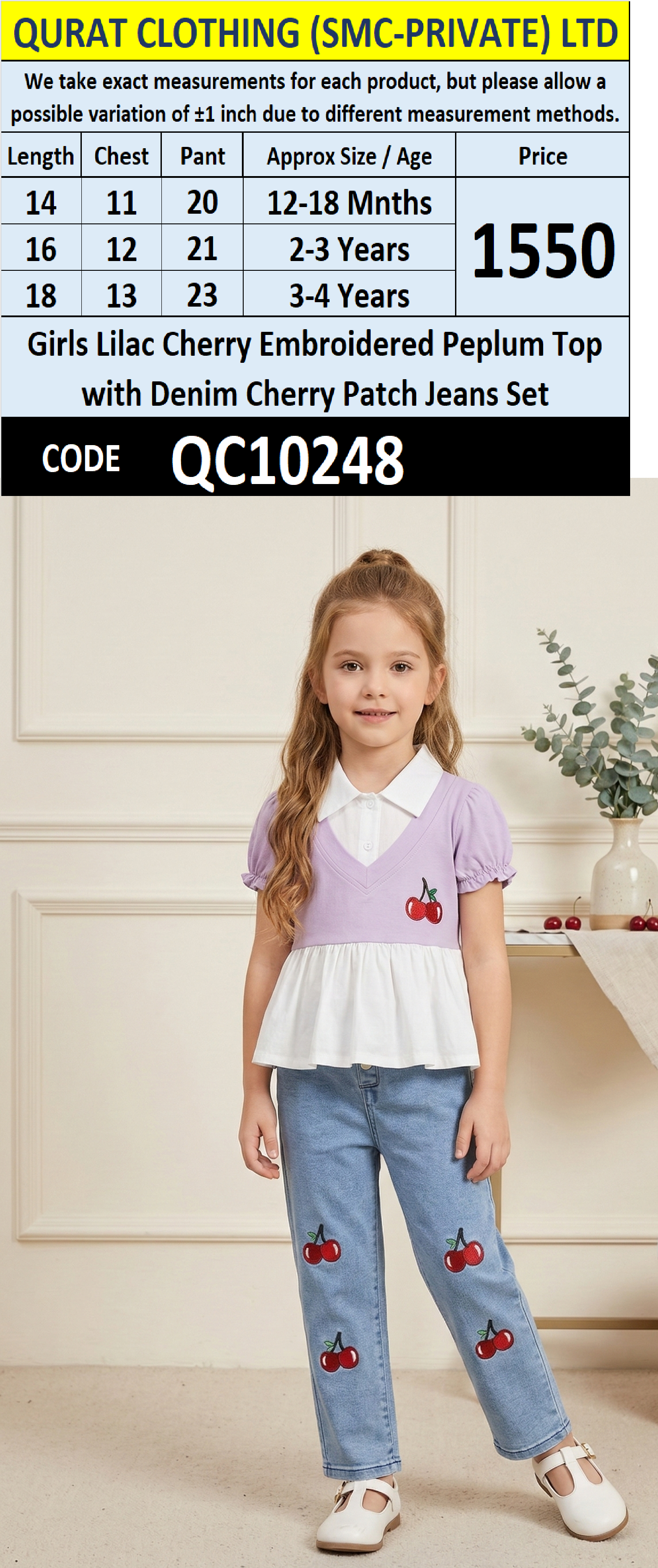 Girls Lilac Cherry Embroidered Peplum Top with Denim aherry Patch Jeans Set – QC10248 - QC10248
