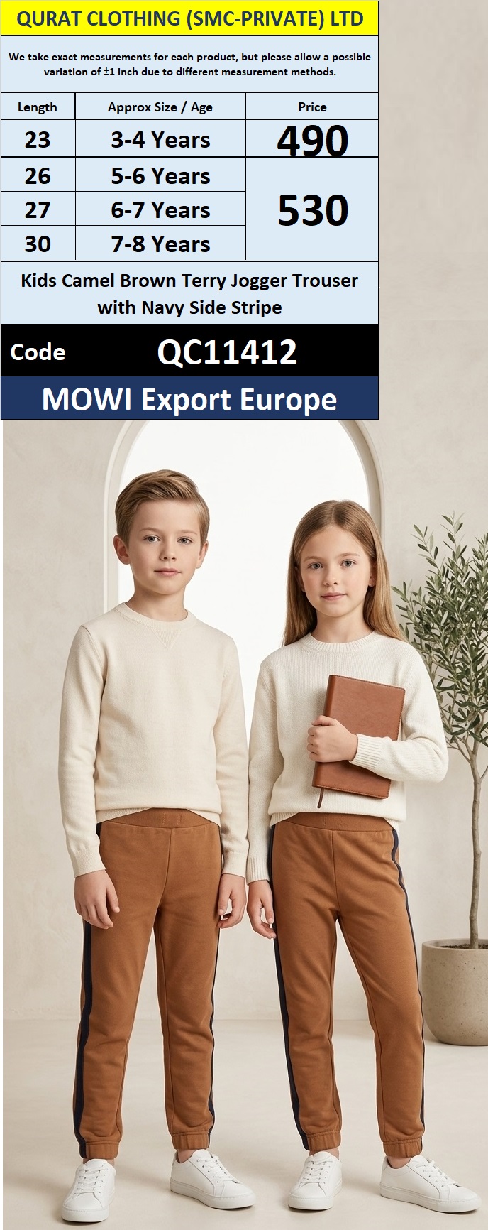 MOWI Export Europe Kids Camel Brown Terry Jogger Trouser with Navy Side Stripe – QC11412