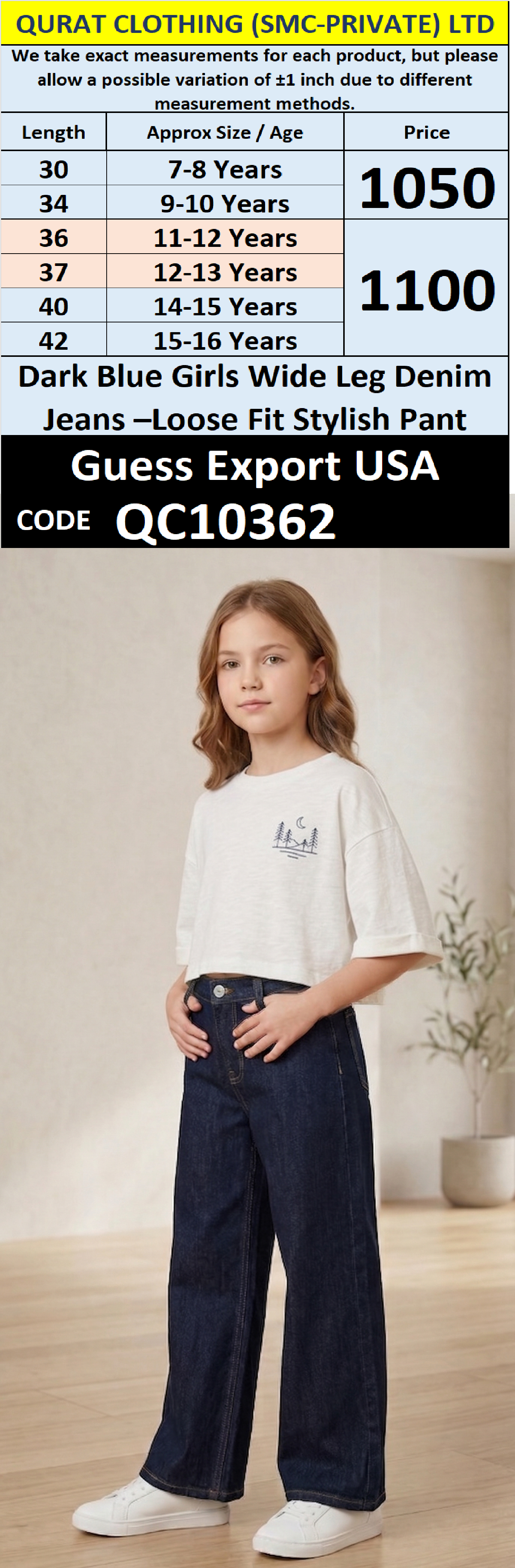 Dark Blue Girls Wide Leg Denim Jeans – Loose Fit Stylish Pant Guess Export USA QC10362