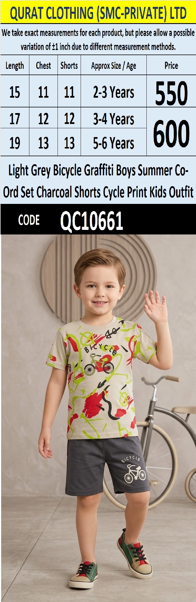 Light Grey Bicycle Graffiti Boys Summer Co-Ord Set Charcoal Shorts Cycle Print Kids Outfit QC10661