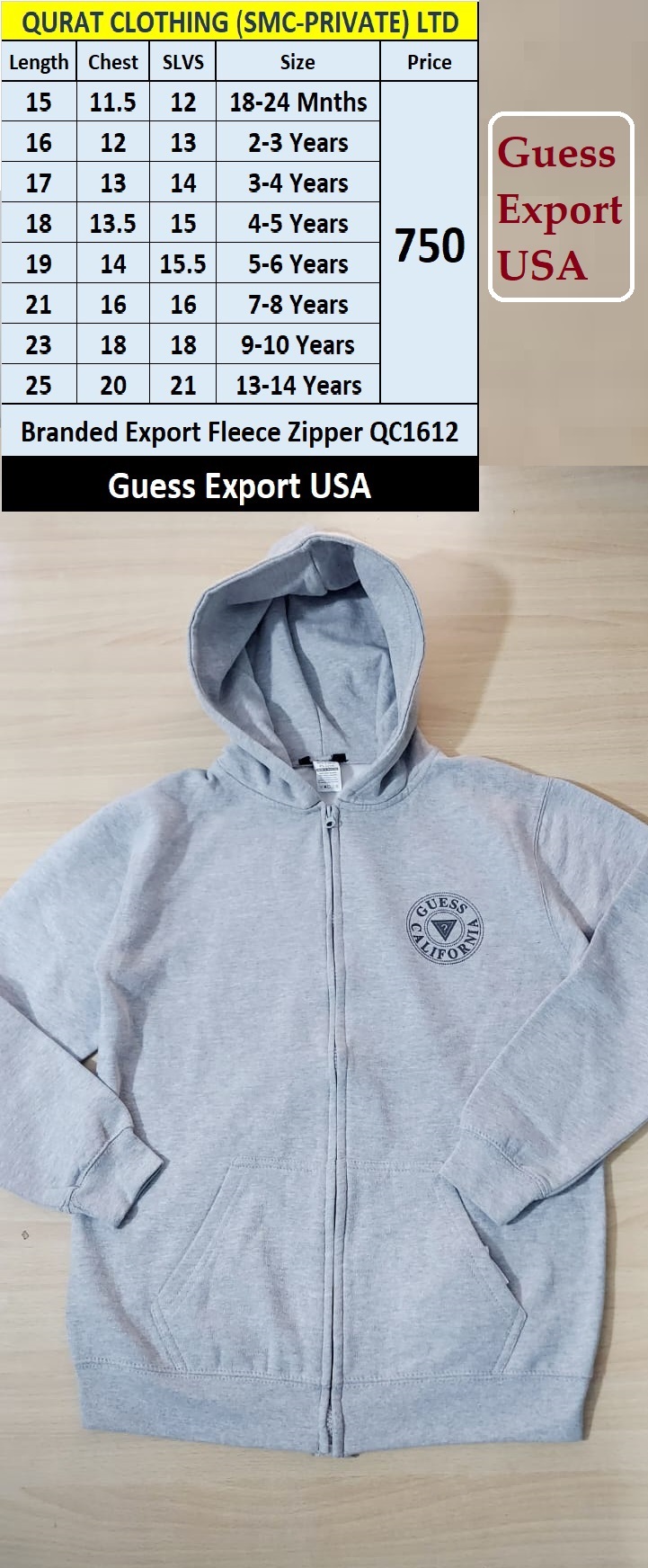 Guess Brand Grey Fleece Zipper Hoodie QC1612 Export USA
